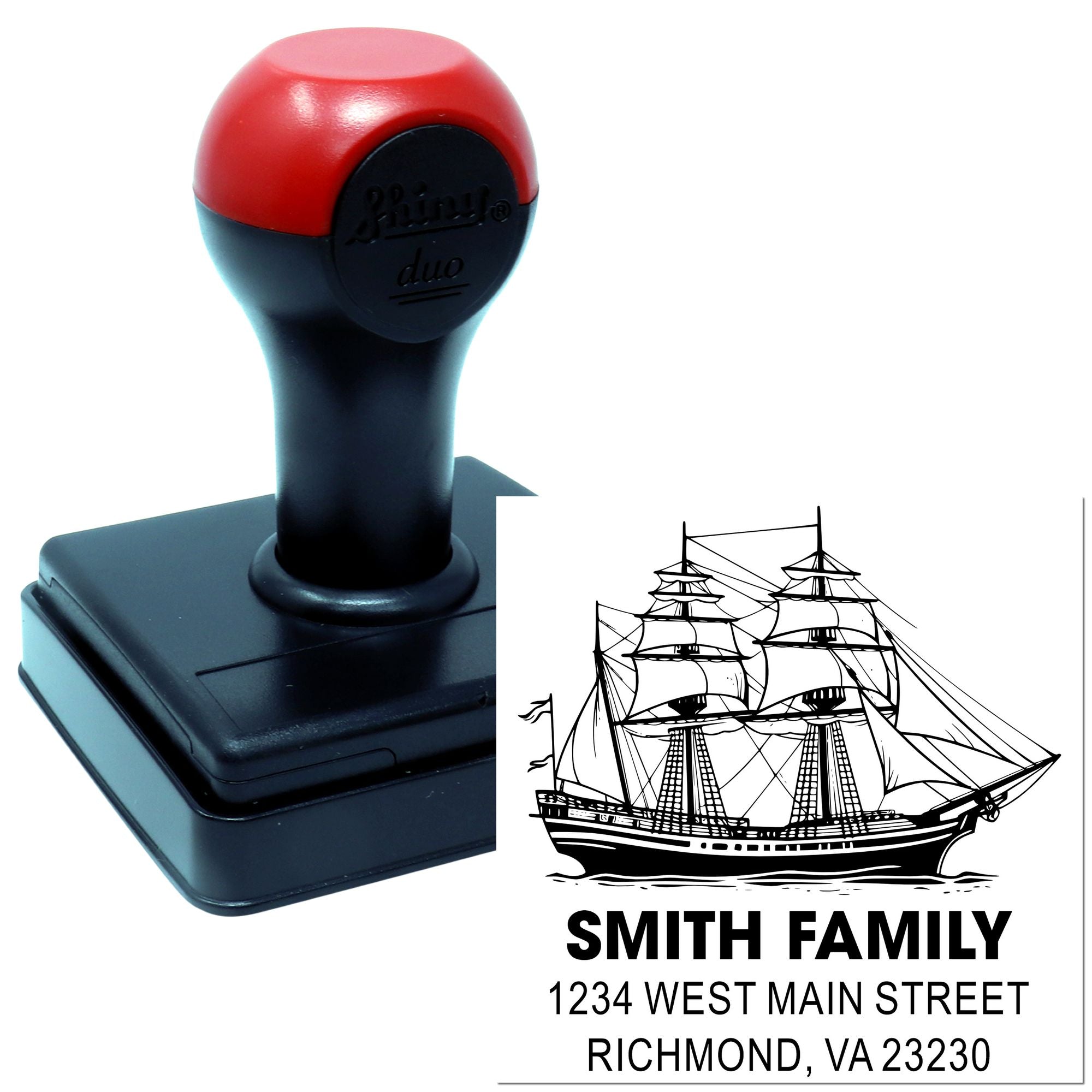Personalized self-inking address rubber stamp with ship design and Smith Family, Richmond, VA.