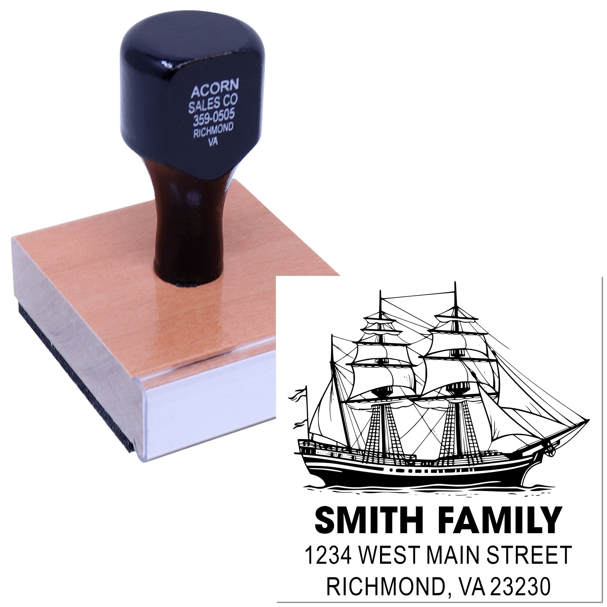 Custom rubber stamp with ship logo and return address for Smith Family, ideal for personalized mailing and branding.