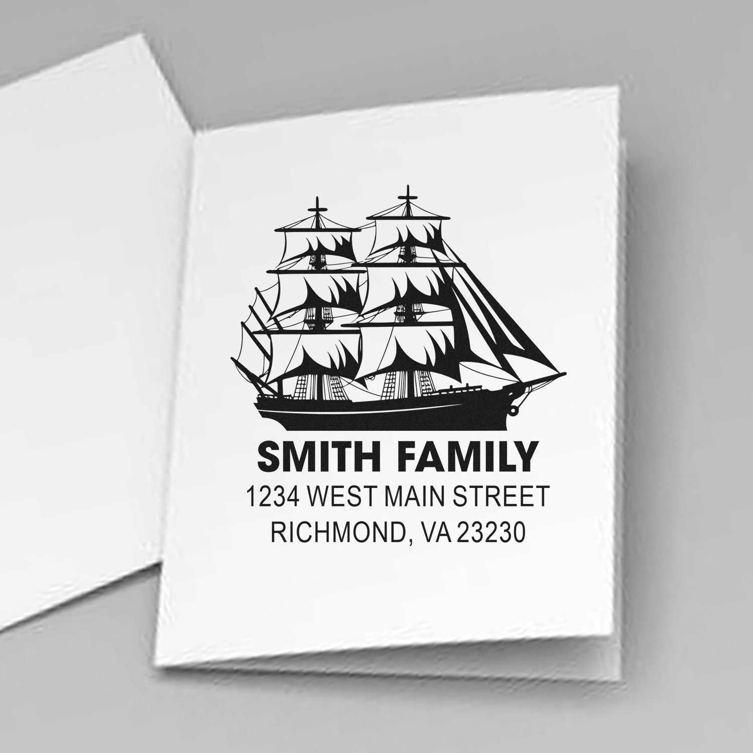 Custom family rubber stamp with sailing ship design for Smith Family address, Richmond, VA 23230