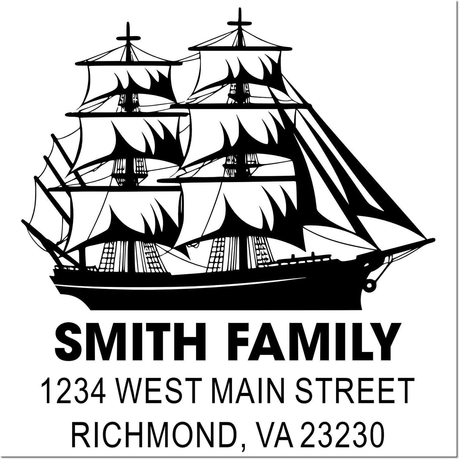 Personalized nautical return address rubber stamp with sailing ship silhouette, Smith Family name, Richmond, VA 23230.