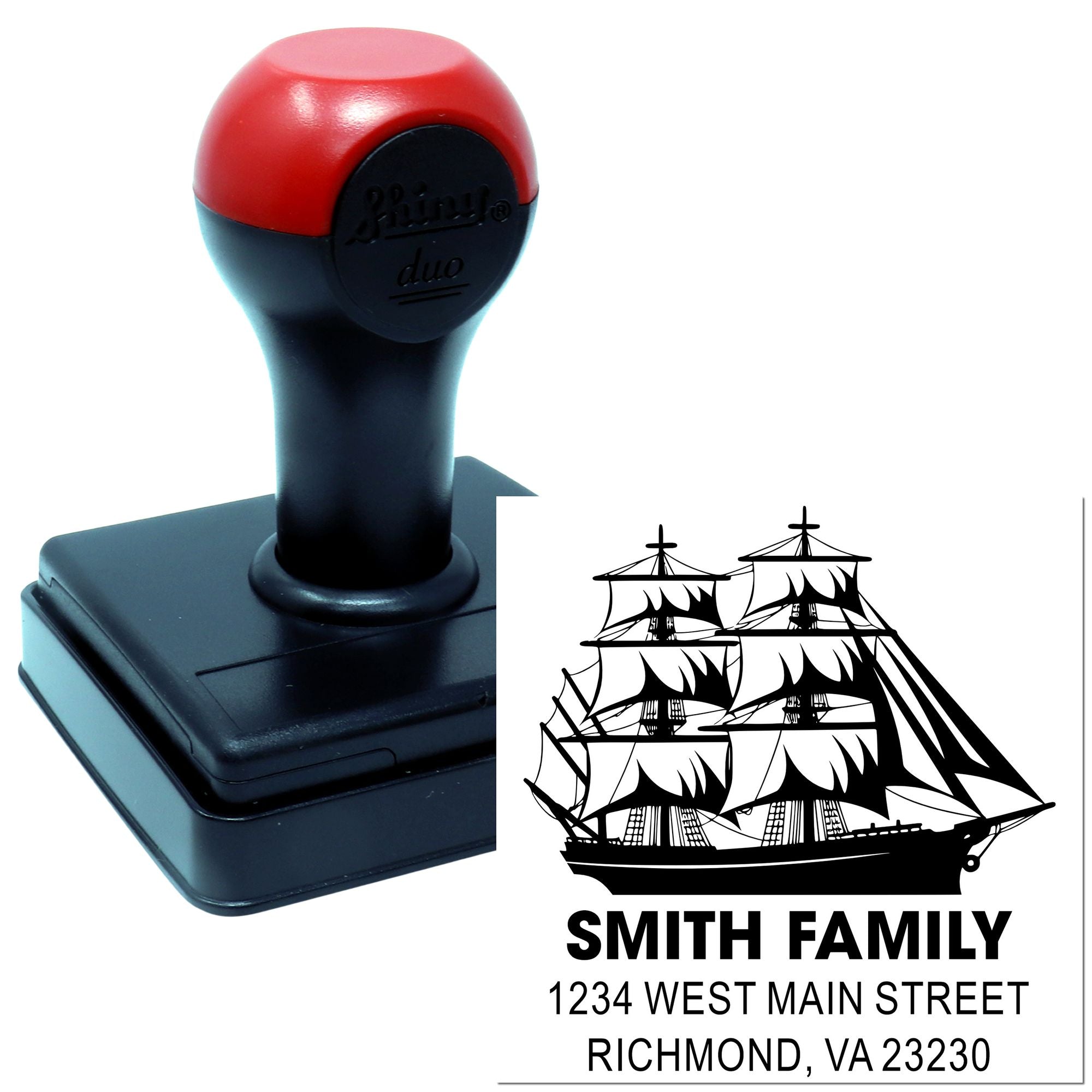 Custom nautical rubber stamp with ship design and Smith Family address imprint for personalized mailing.