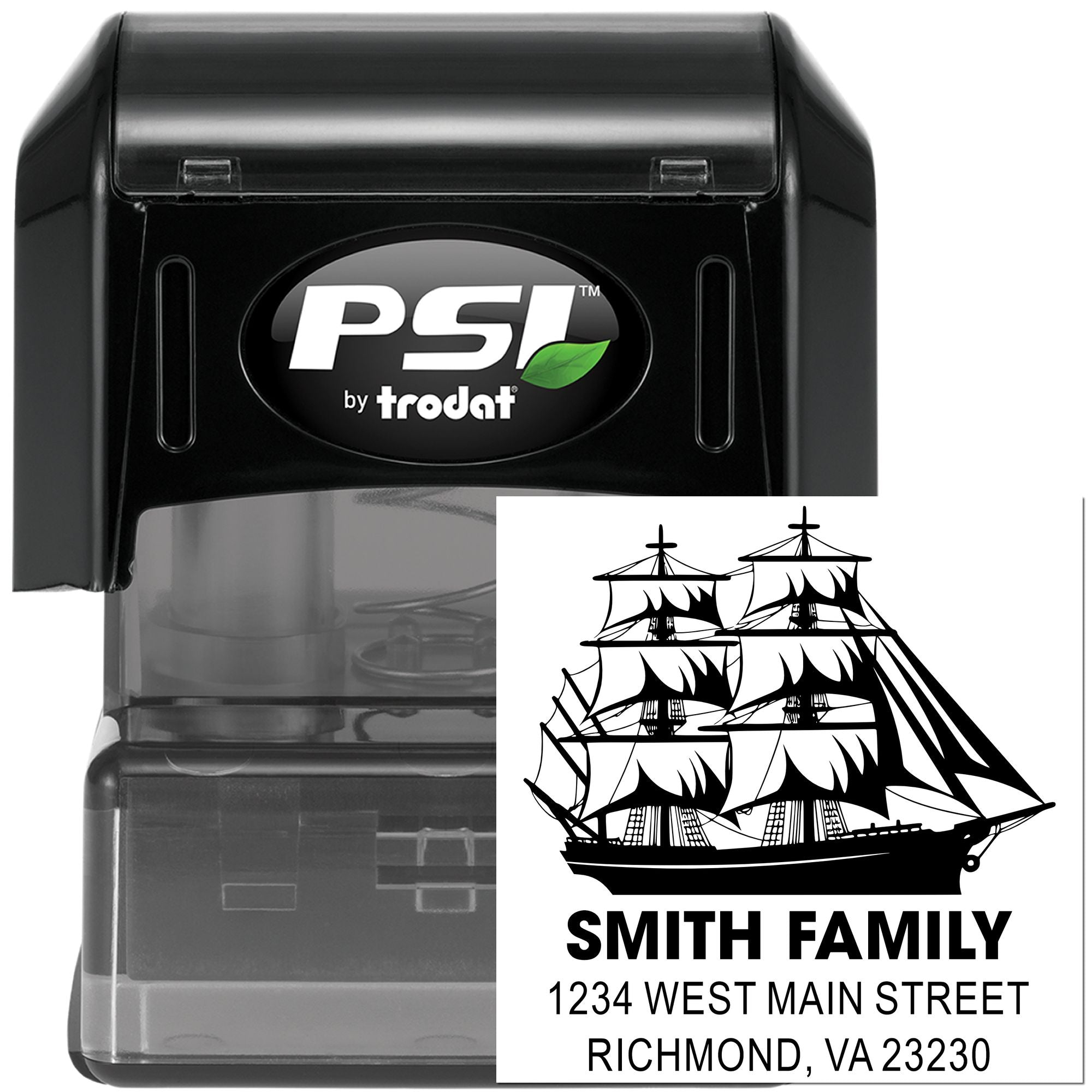 Custom self-inking rubber address stamp with sailing ship design for Smith Family mailing envelopes.