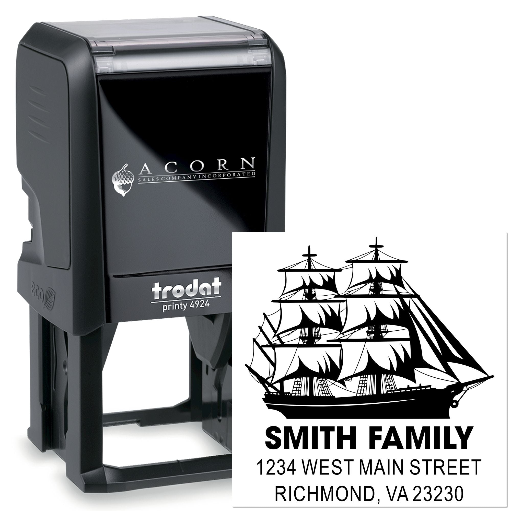Custom Trodat Printy 4924 self-inking rubber stamp with ship logo, family name, and address for mailing.
