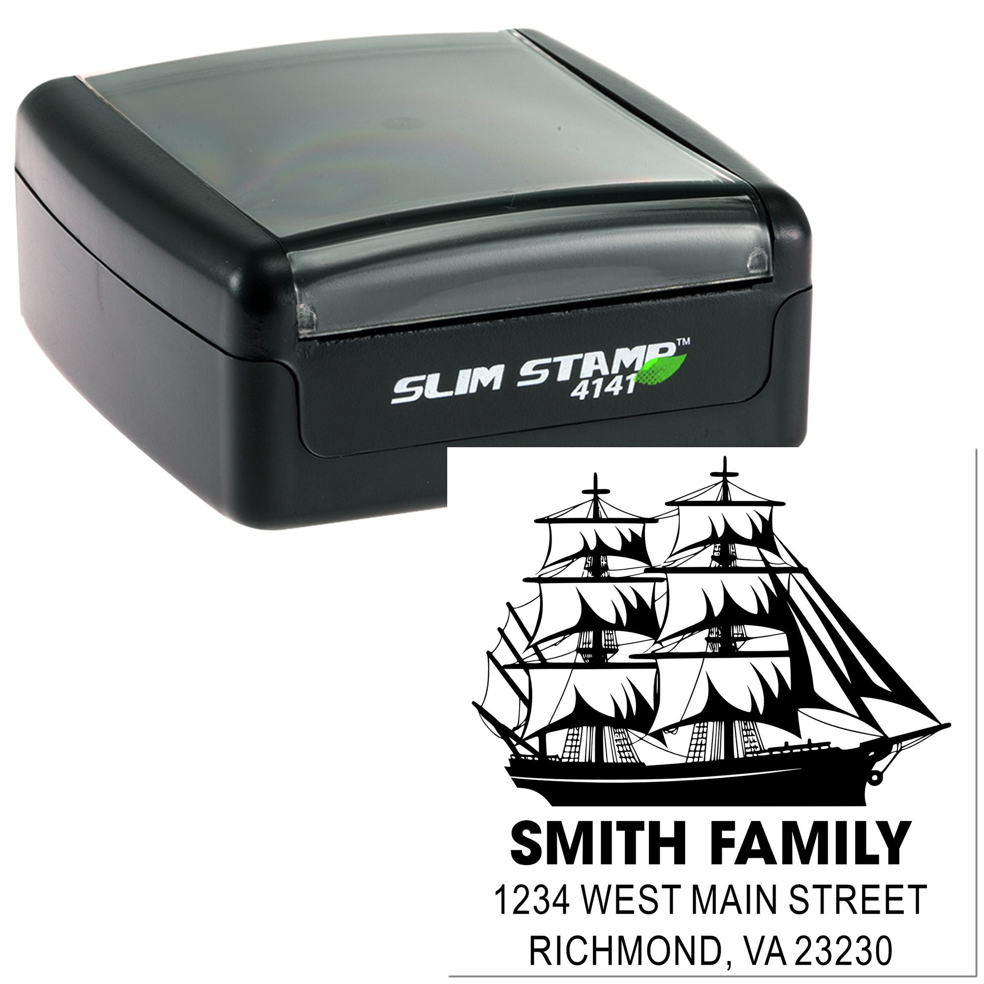 Slim Stamp 4141 self-inking rubber stamp with custom ship logo, family name, and address for mailing.