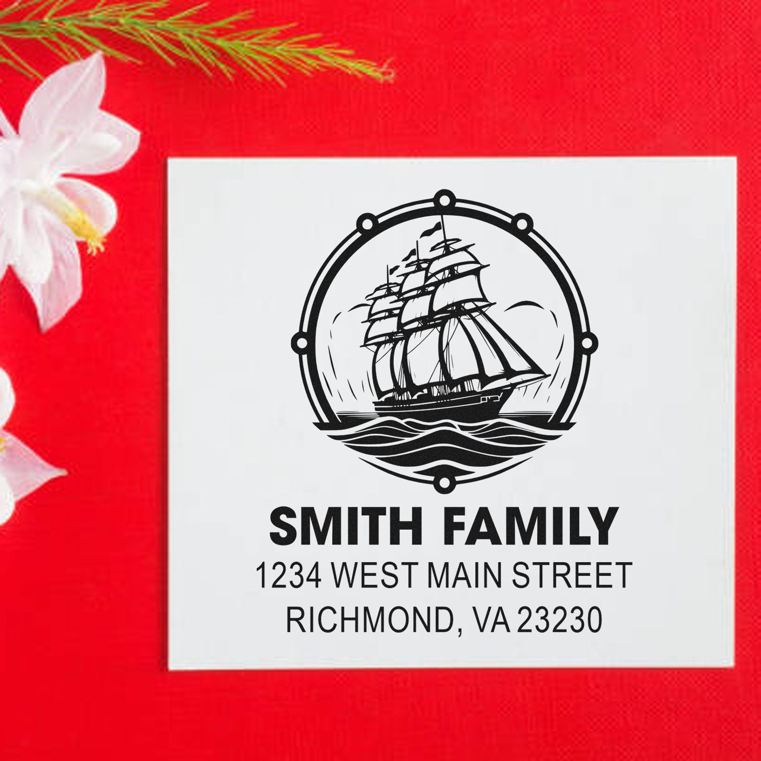 Custom return address rubber stamp design for Smith Family with sailing ship logo and Richmond, VA address