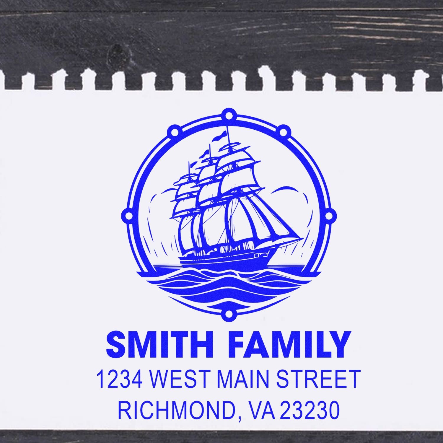 Custom nautical return address rubber stamp with sailing ship logo, Smith Family, Richmond, VA 23230