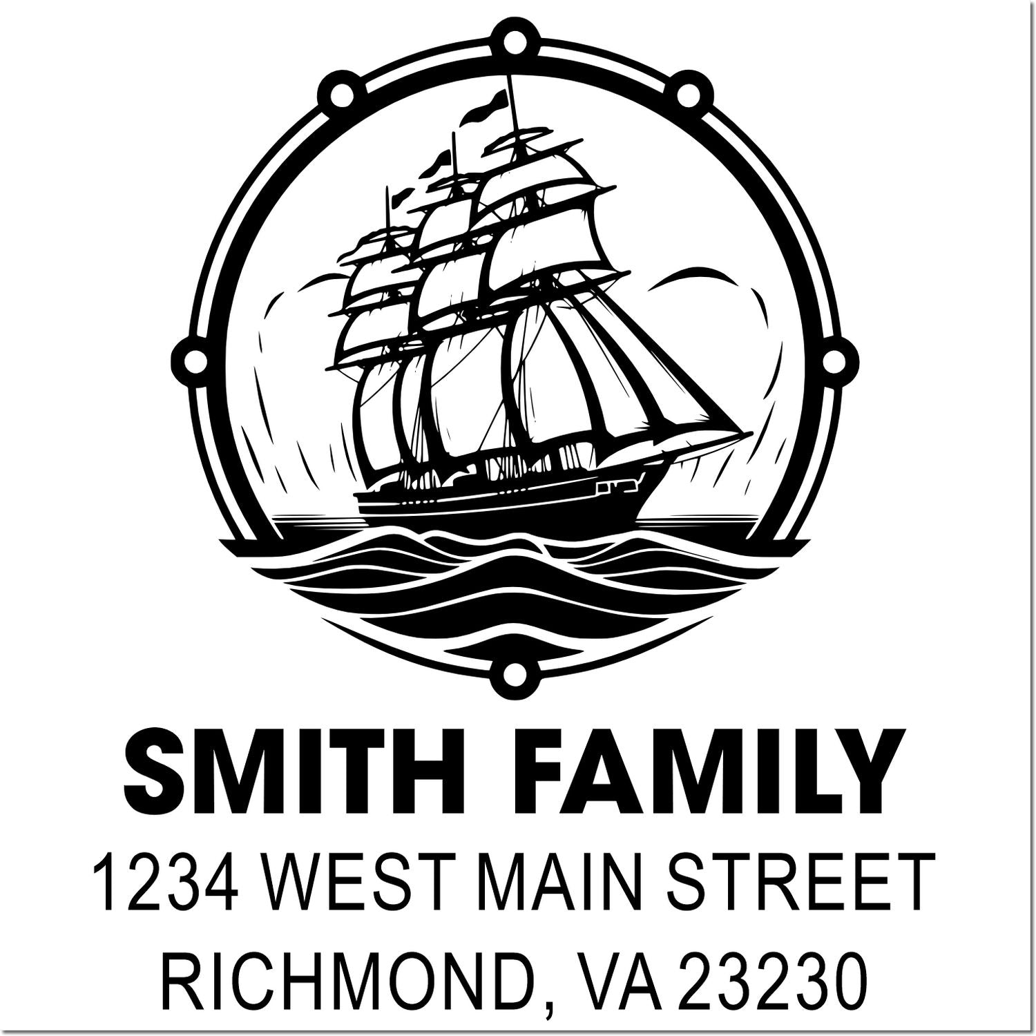 Custom sailboat family address rubber stamp with Smith Family, 1234 West Main Street, Richmond, VA 23230