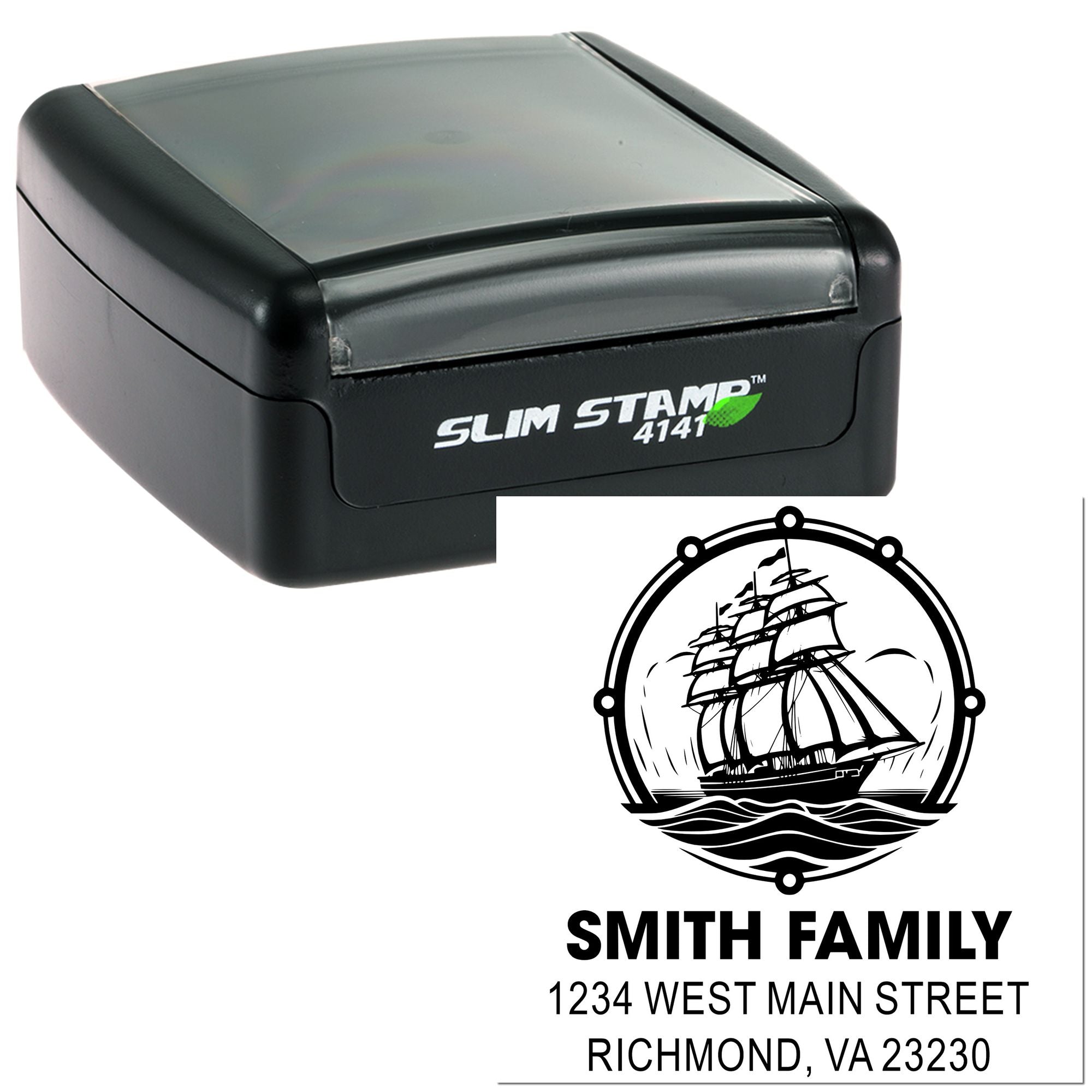 Personalized self-inking rubber stamp with sailboat logo and Smith Family return address for envelopes and mail.