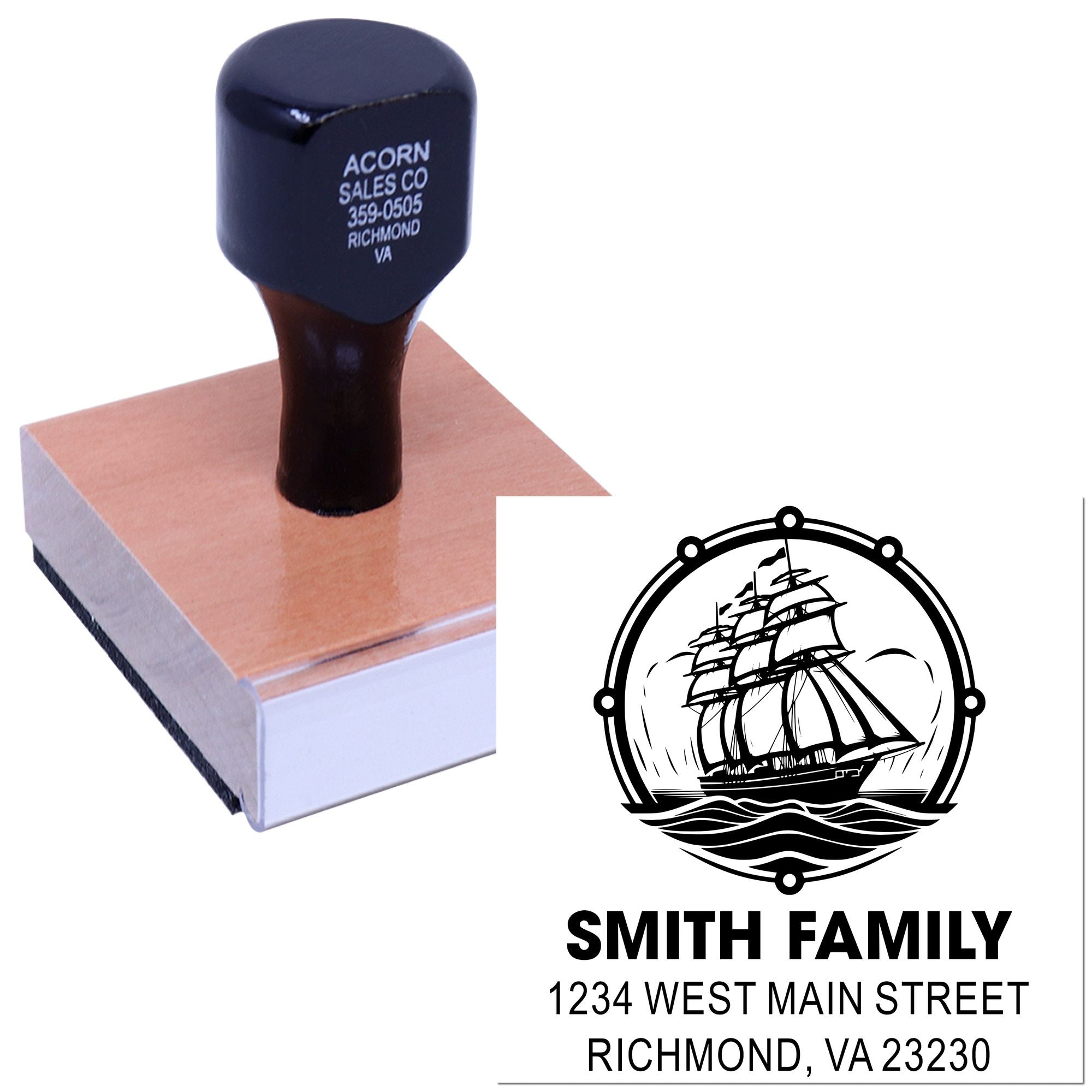 Custom return address rubber stamp with ship design for Smith family address imprint