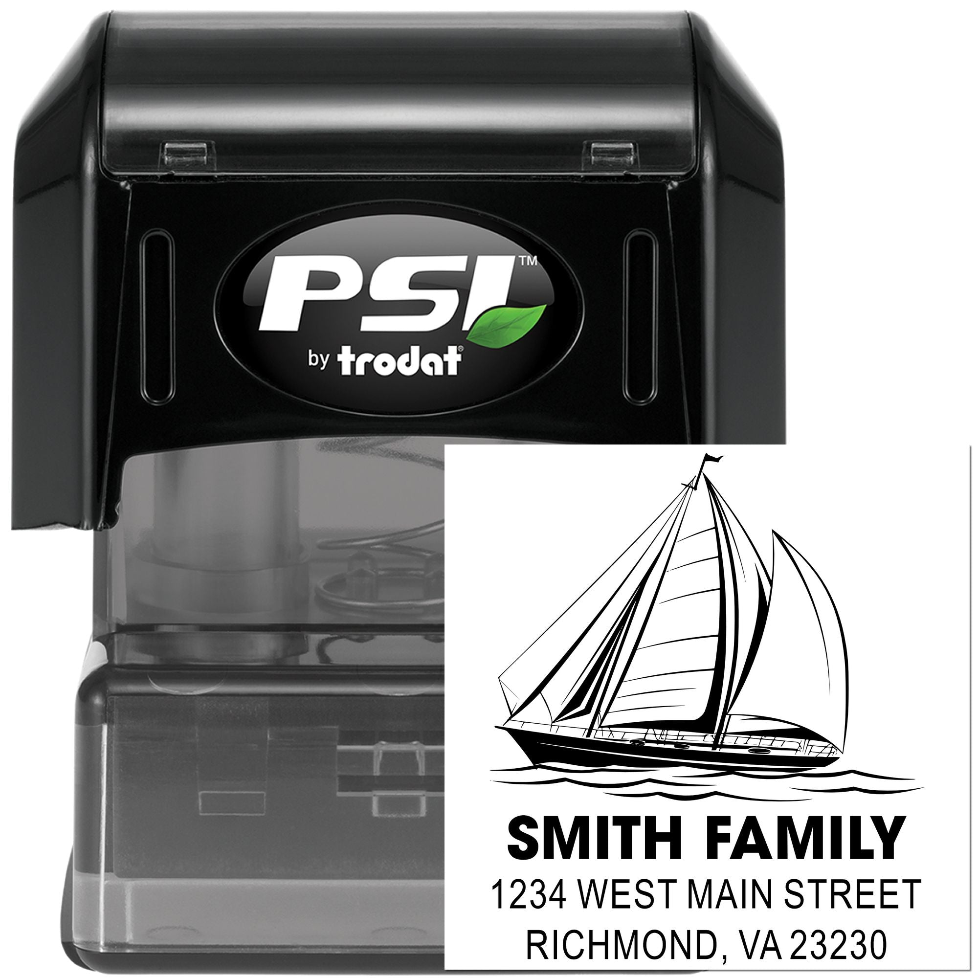 Custom self-inking address rubber stamp with sailboat design for Smith Family, Richmond VA 23230.