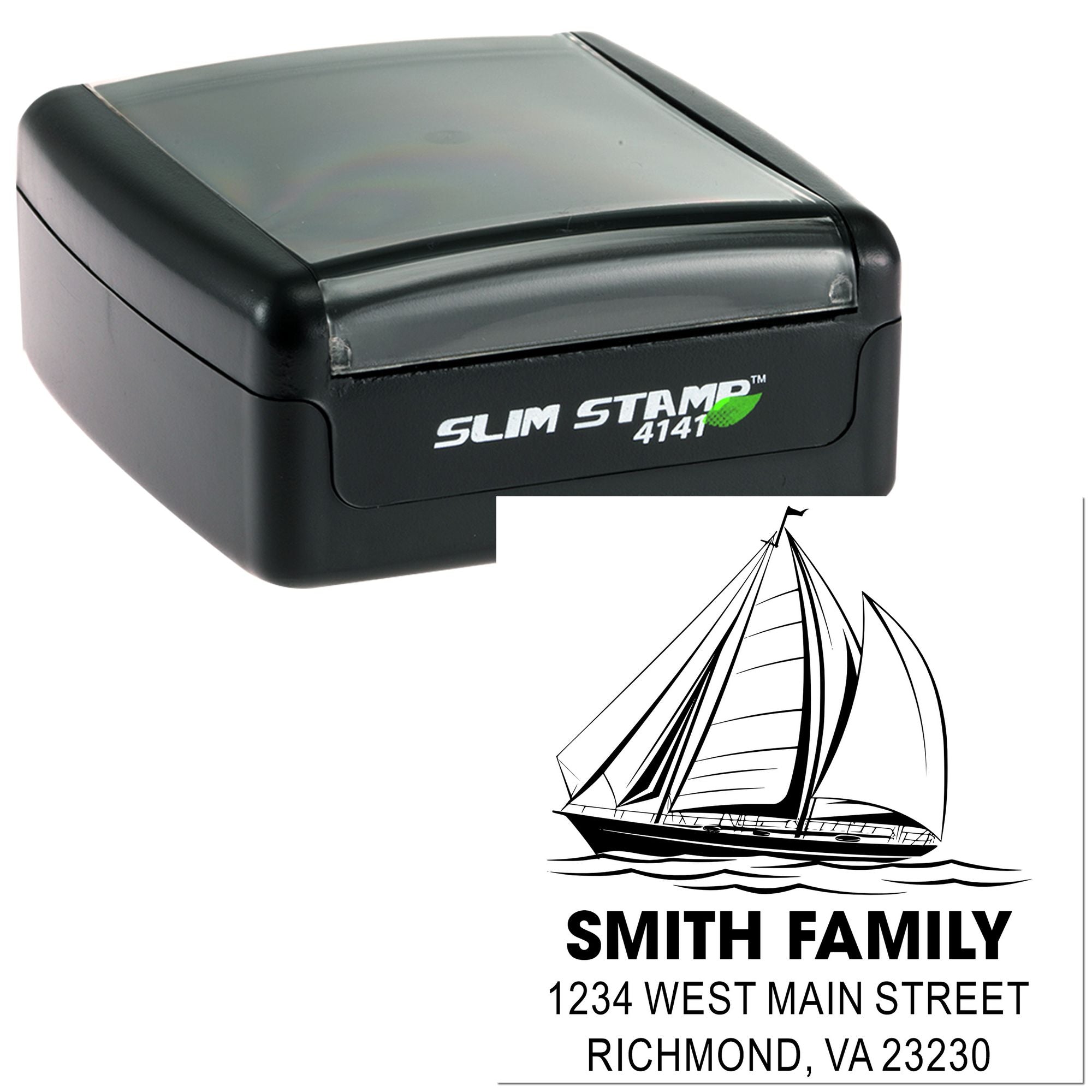 Slim Stamp 4141 custom sailboat address rubber stamp with Smith Family name and Richmond, VA return address.