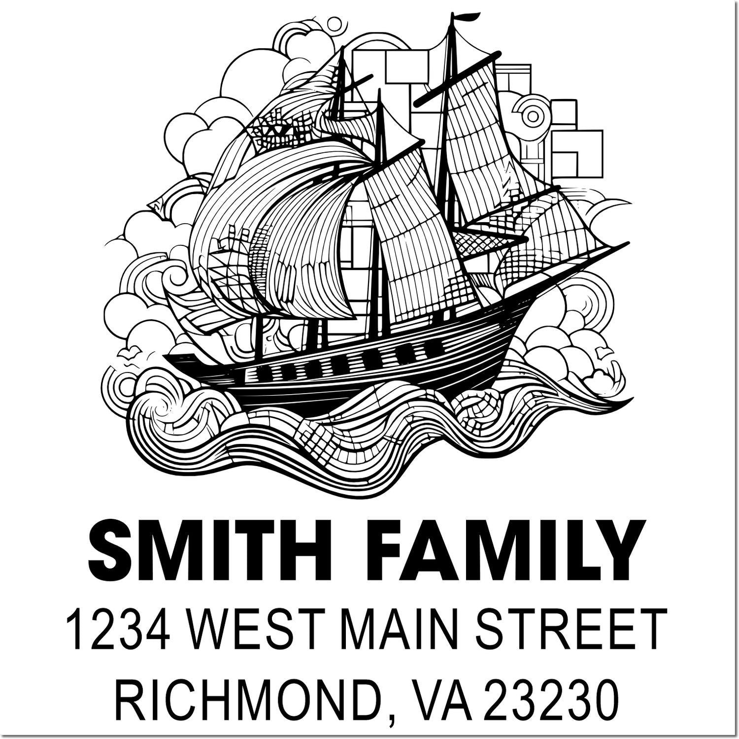 Custom nautical return address rubber stamp for Smith Family, 1234 West Main Street, Richmond, VA 23230 with sailing ship design.