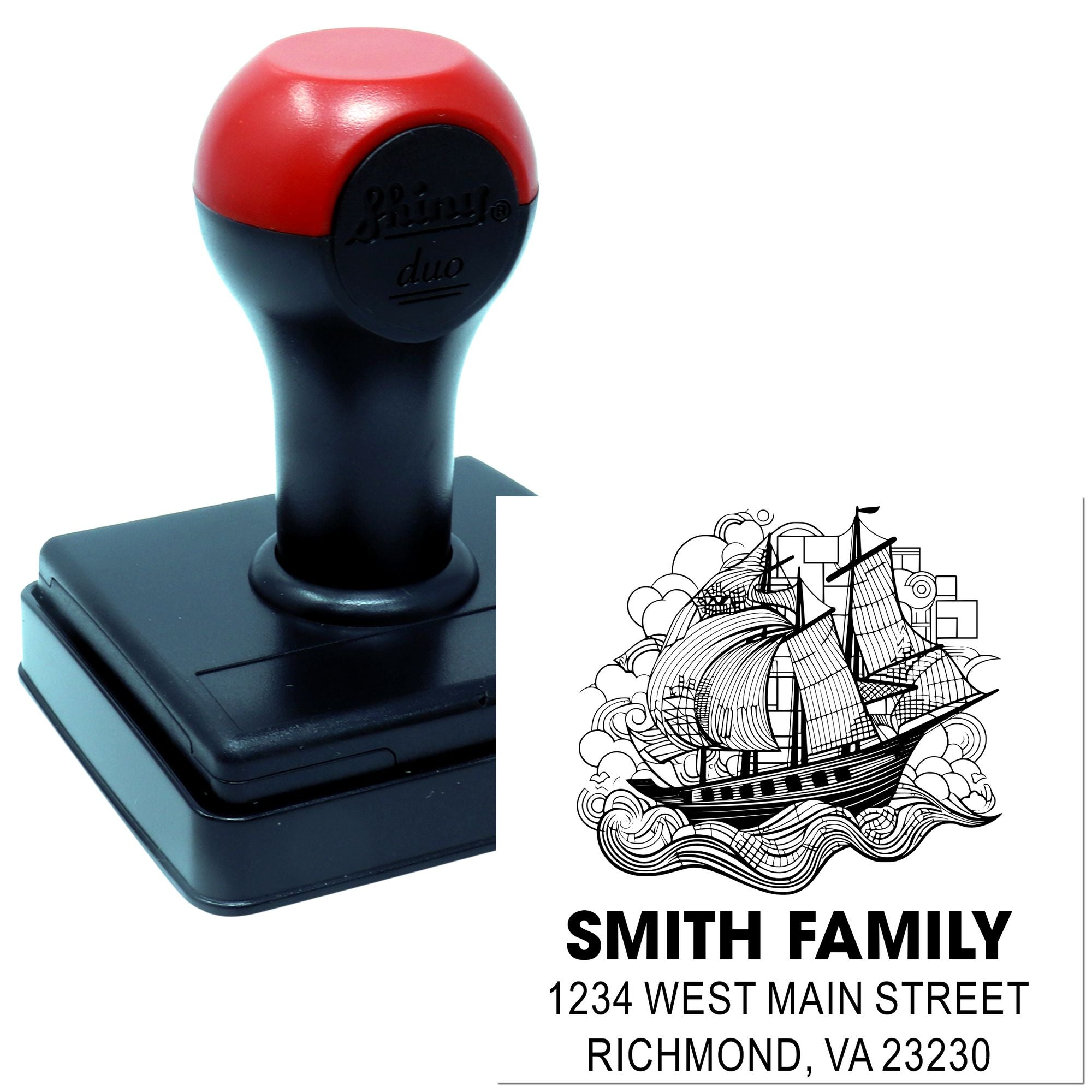 Custom return address rubber stamp with nautical ship design for Smith Family, Richmond, VA mailing use.