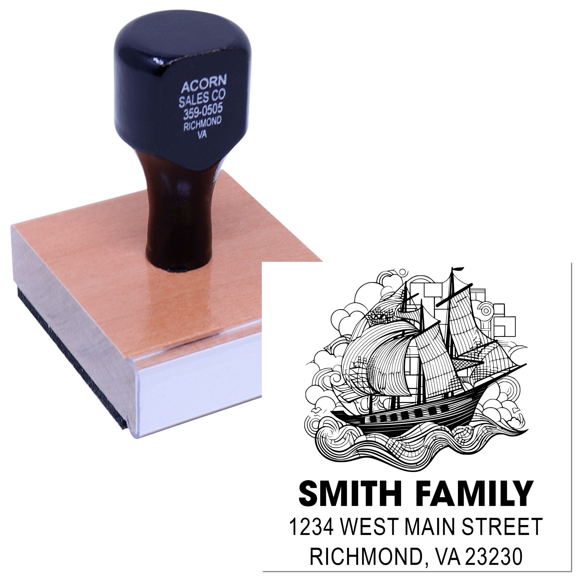Custom rubber return address stamp with ship design, Smith family name, and Richmond, VA address