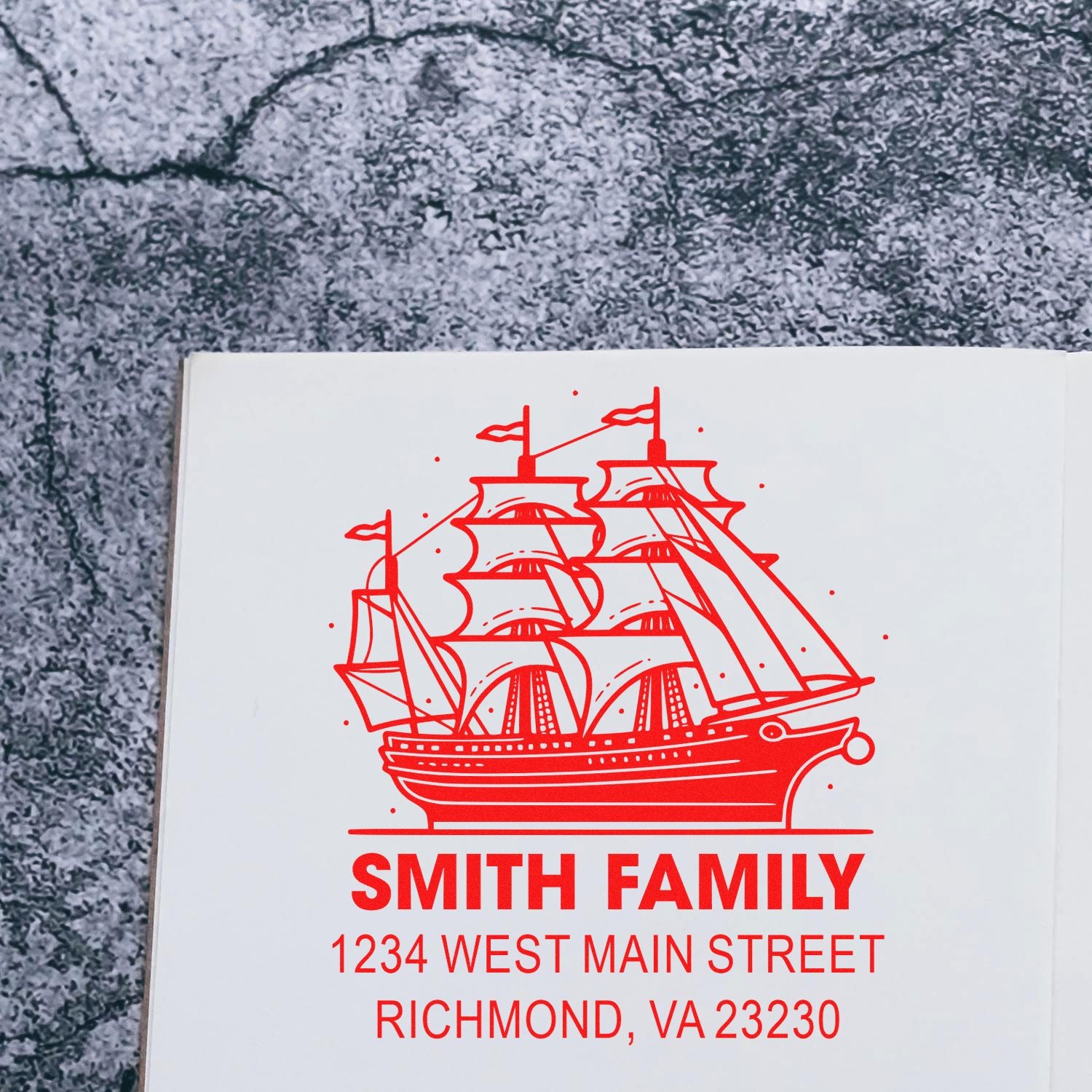 Personalized family return address rubber stamp impression with sailboat design, Smith Family, Richmond, VA.