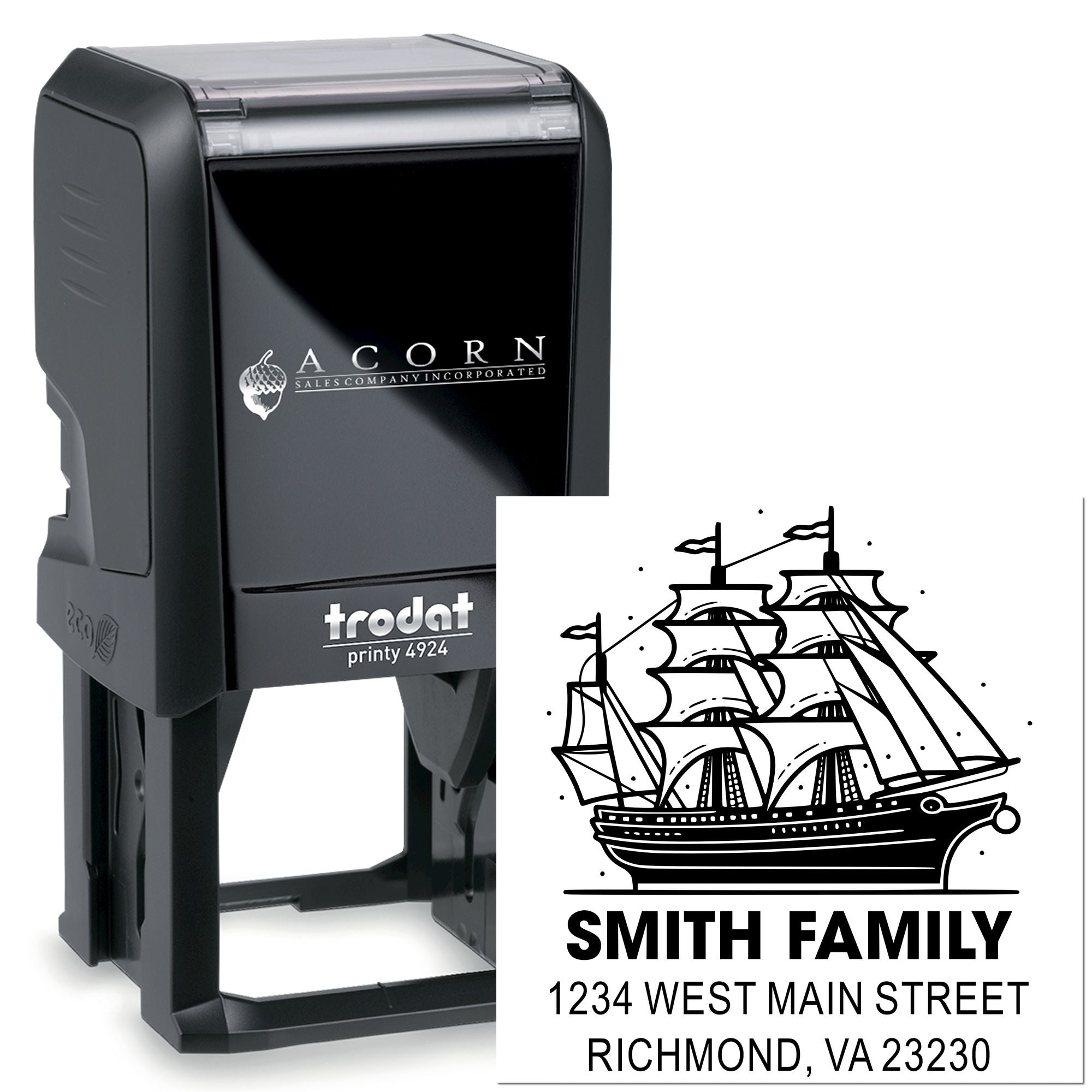 Custom self-inking rubber stamp for family return address, featuring a ship logo and Trodat Printy 4924 stamp body.