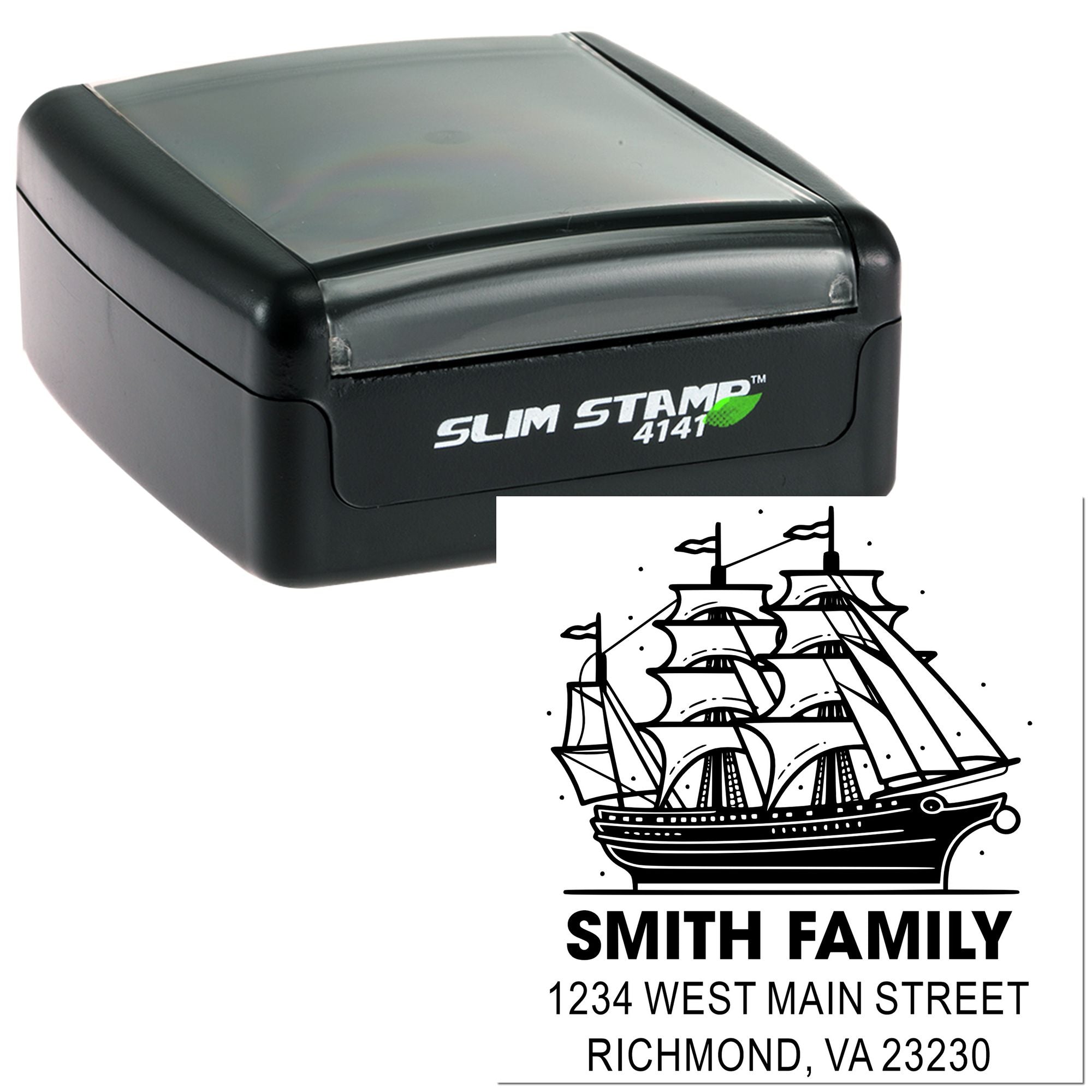 Custom self-inking rubber return address stamp with ship design, Smith Family name, and Richmond, VA address, Slim Stamp 4141.