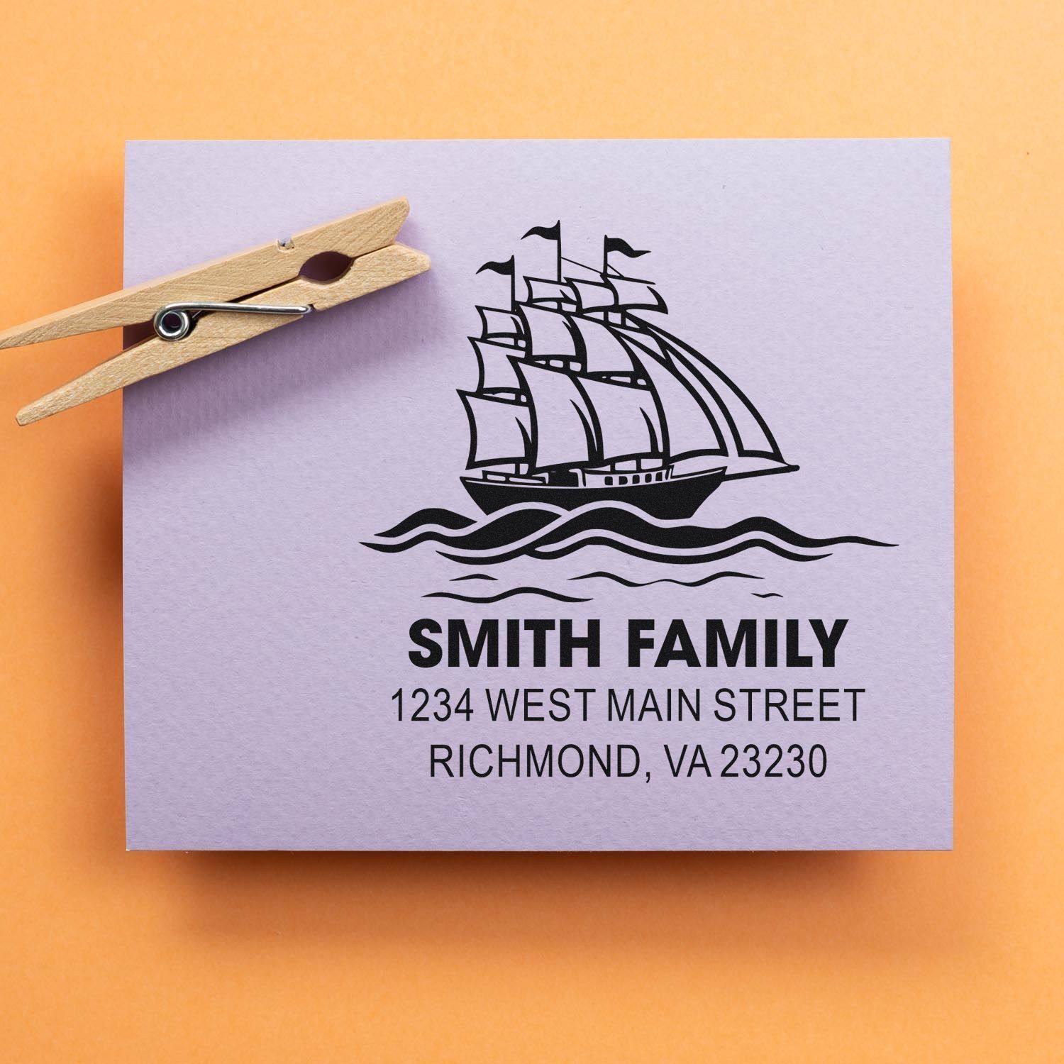 Personalized family return address rubber stamp with sailing ship design for Smith Family, Richmond, VA 23230.