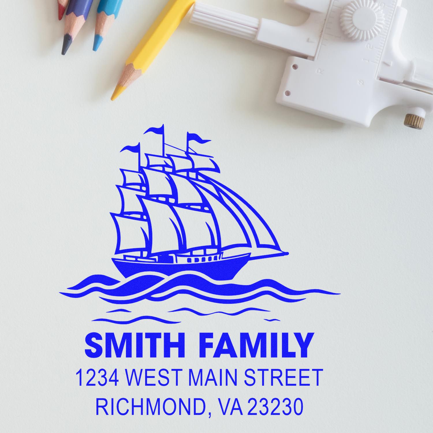 Custom rubber address stamp with sailing ship design for Smith Family return mail, Richmond, VA 23230.