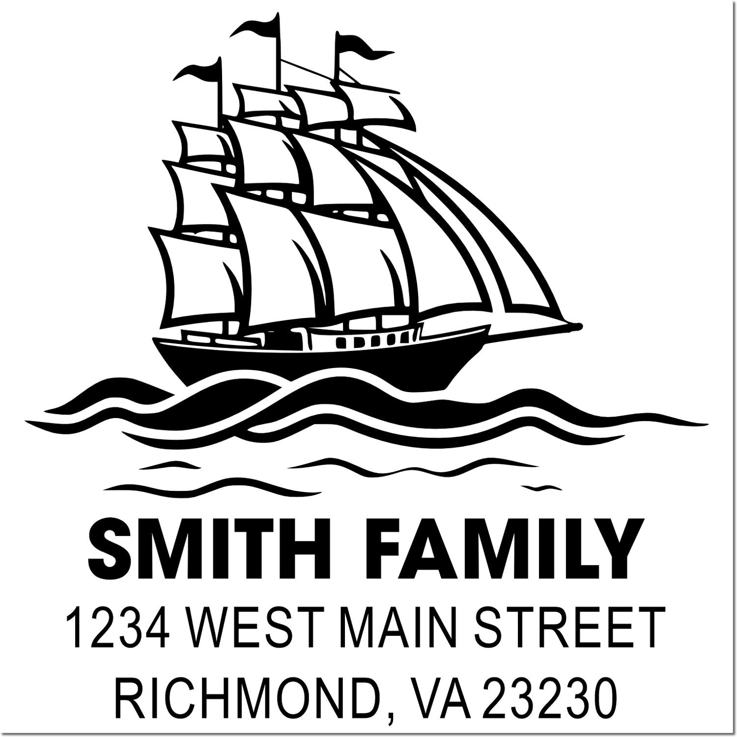 Custom nautical family address rubber stamp with sailing ship for Smith Family, 1234 West Main Street, Richmond, VA 23230.