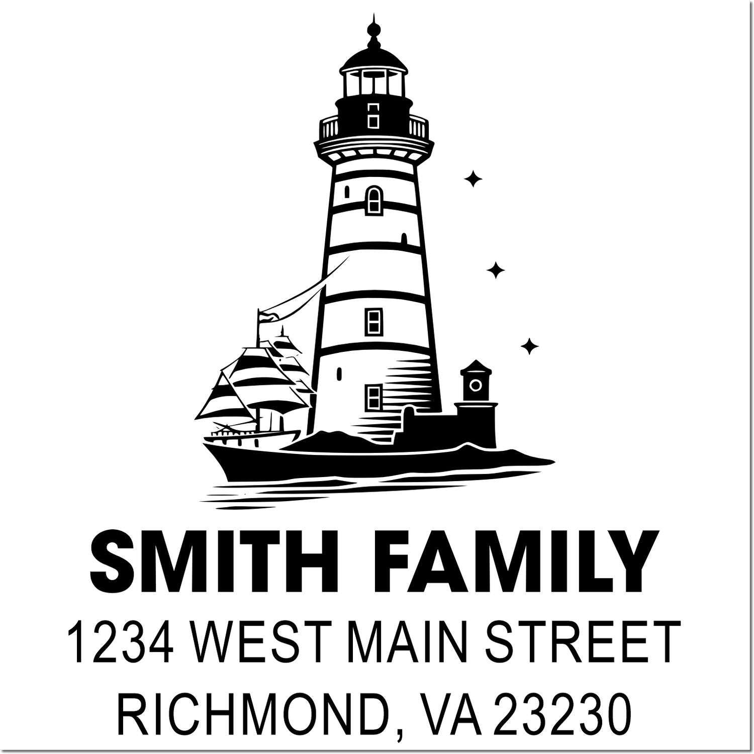 Custom lighthouse family return address rubber stamp with Smith Family, 1234 West Main Street, Richmond, VA 23230.