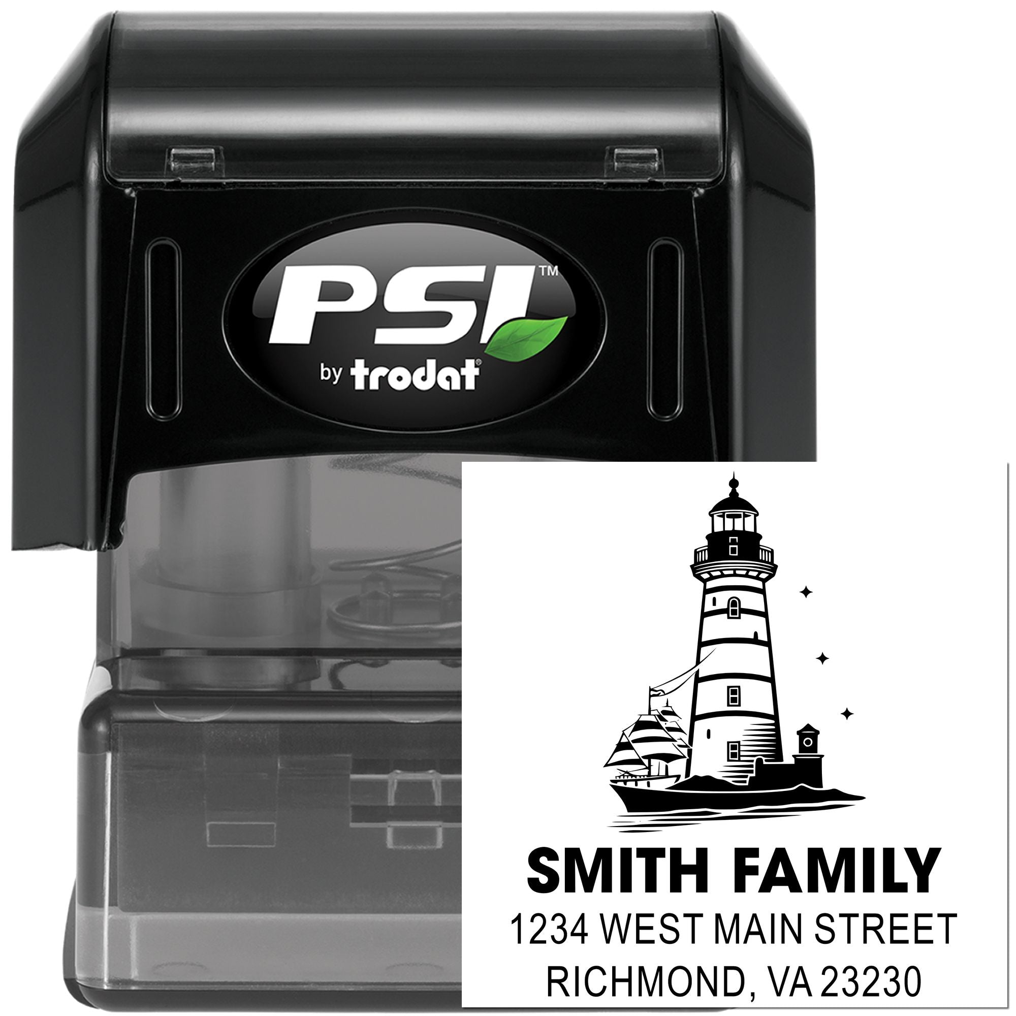 Custom self-inking address rubber stamp with lighthouse design for Smith Family, Richmond, VA 23230.