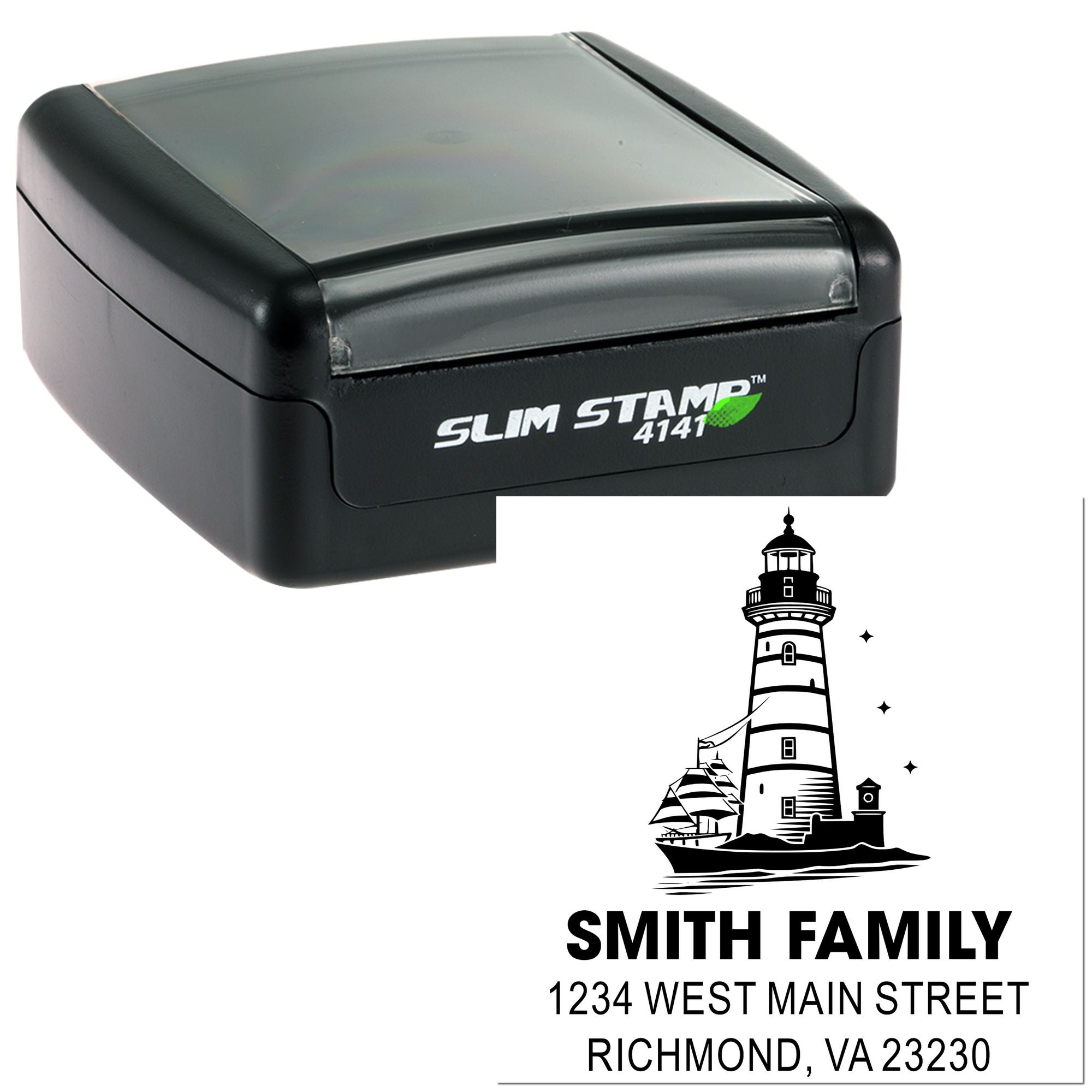 Custom self-inking rubber stamp with lighthouse return address design for Smith Family, 1234 West Main Street, Richmond, VA 23230