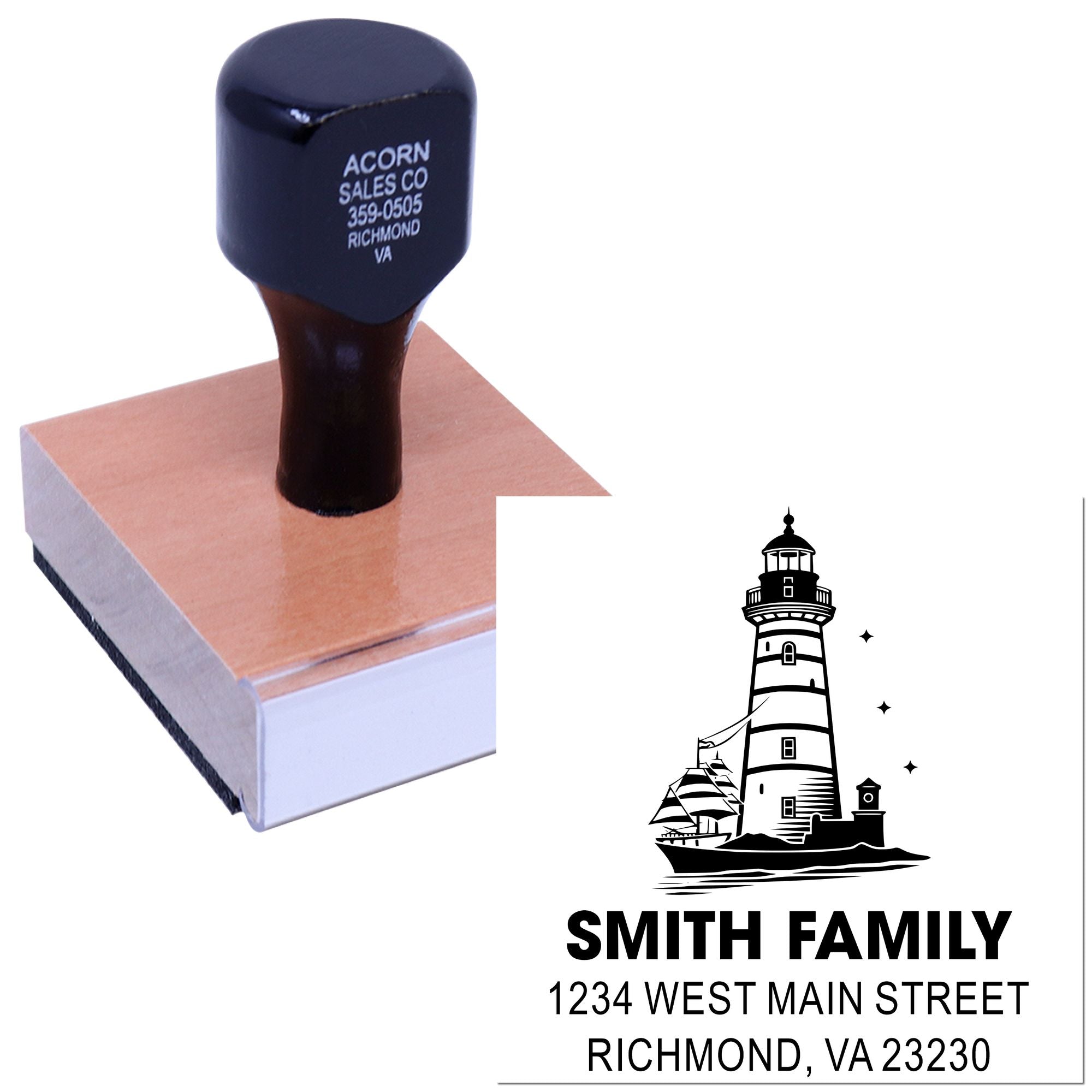 Custom rubber address stamp with lighthouse design for Smith Family return address in Richmond, VA.