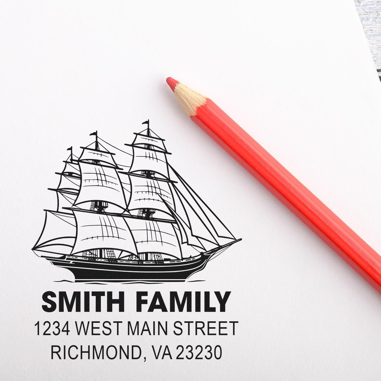 Custom family return address rubber stamp with sailing ship logo, Smith family name, and Richmond, VA address.