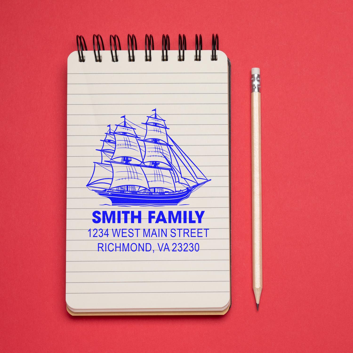 Custom nautical family address rubber stamp with sailing ship design, Smith Family name, and Richmond, VA mailing address.