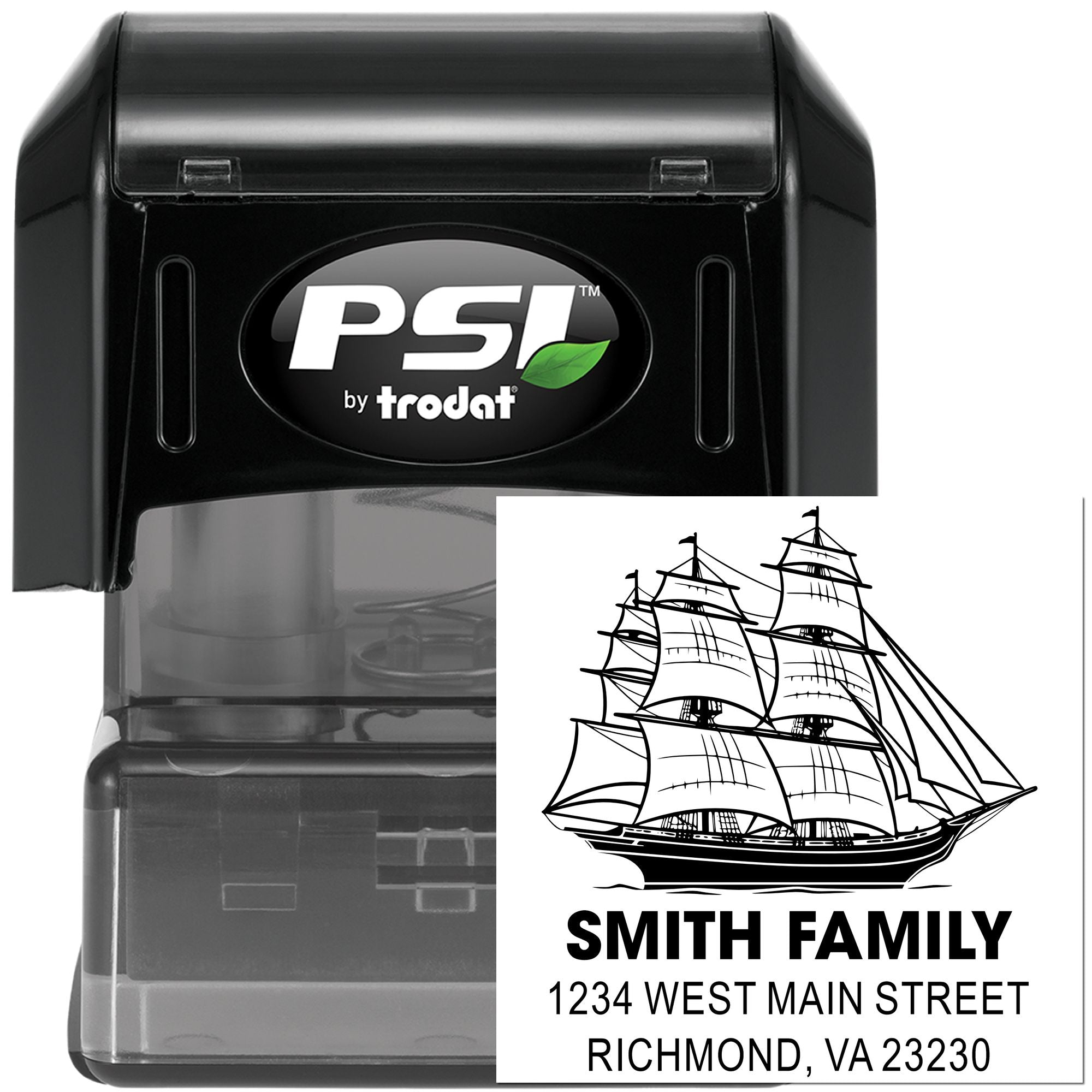 Custom rubber address stamp by PSI Trodat featuring ship artwork, Smith Family name, and Richmond, VA return address.