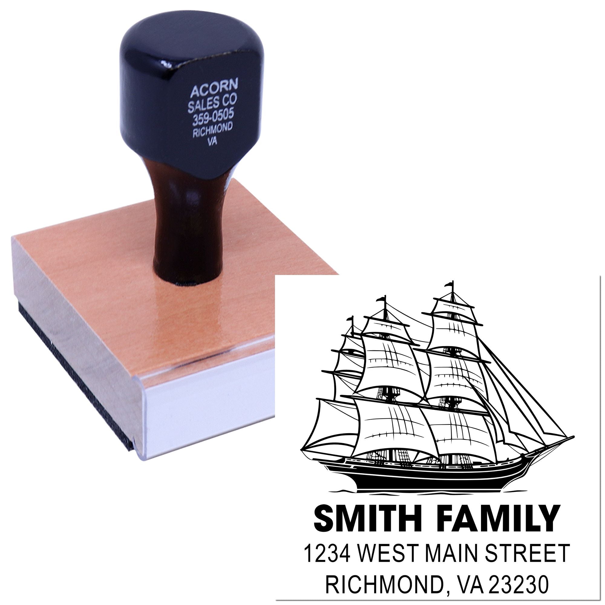 Custom rubber address stamp with sailboat logo and Smith family return address design.