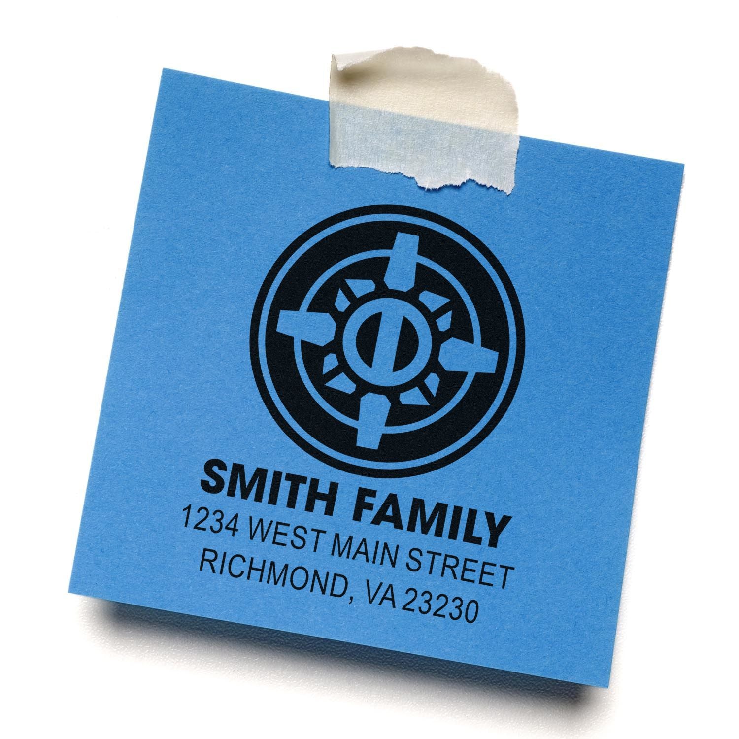 Custom rubber stamp return address design for Smith Family, featuring logo and Richmond, VA mailing address on a blue note.