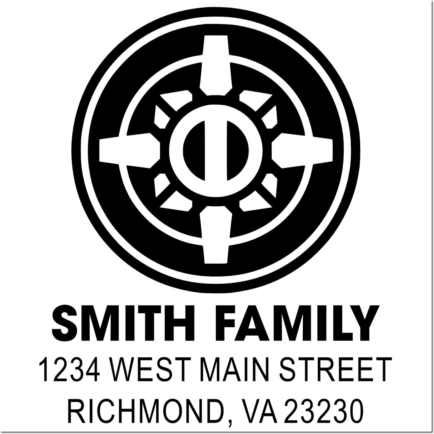 Custom family return address rubber stamp with Smith Family, 1234 West Main Street, Richmond, VA 23230.