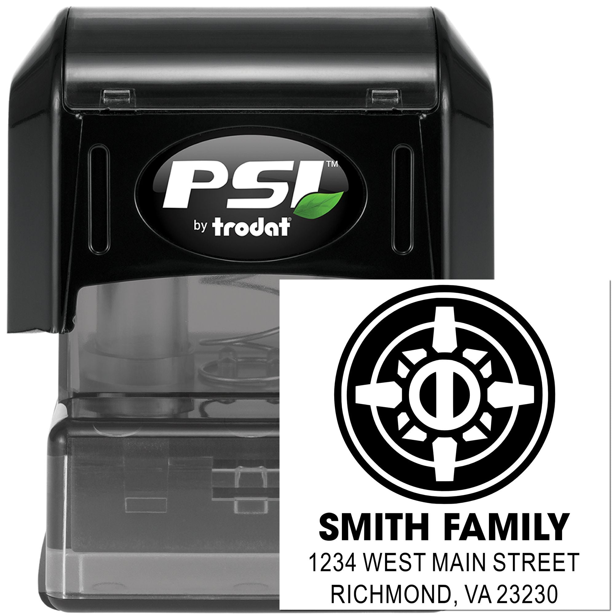 Custom self-inking address rubber stamp by PSI Trodat for the Smith Family with return address and logo.