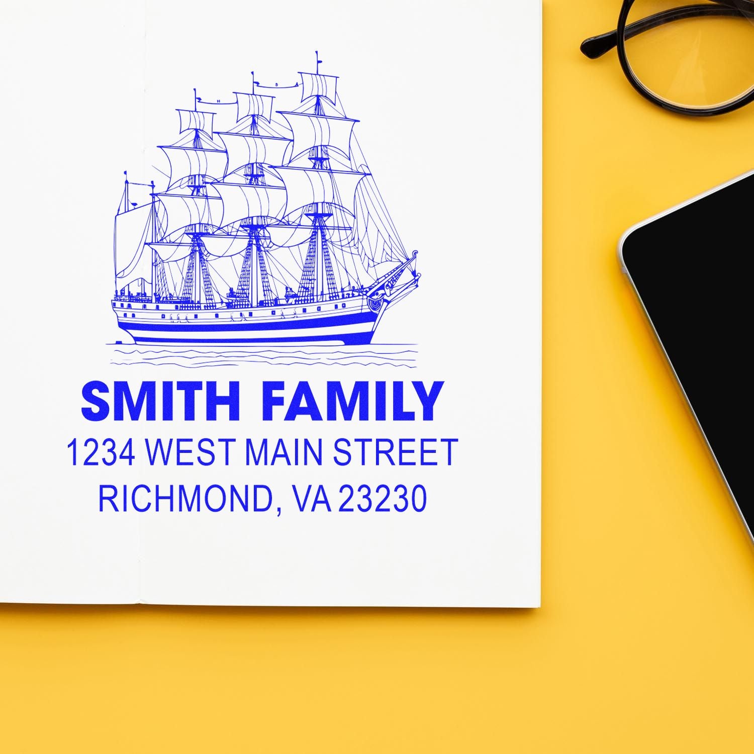 Personalized nautical return address rubber stamp with sailing ship design for Smith family in Richmond, VA.