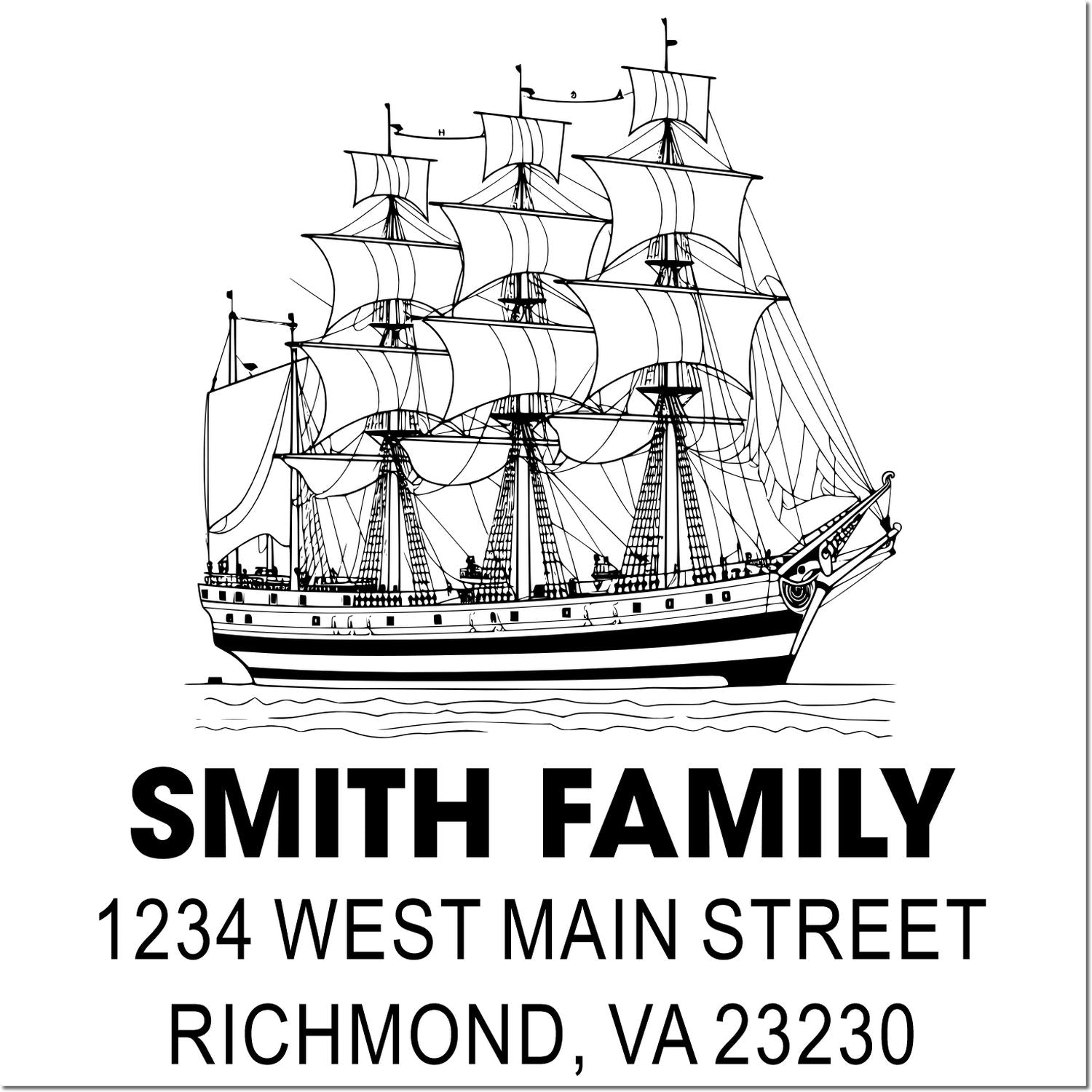 Custom return address rubber stamp with tall ship design, Smith Family, 1234 West Main Street, Richmond VA 23230.