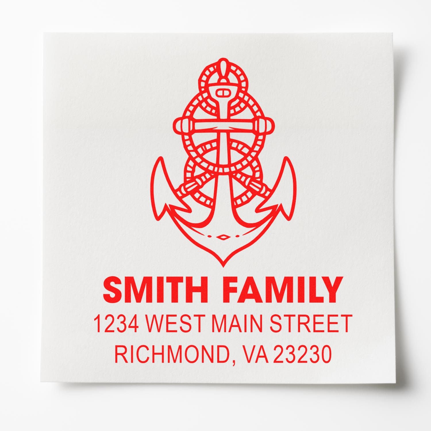 Custom address rubber stamp with anchor design for Smith Family, Richmond, VA return address and stationery.
