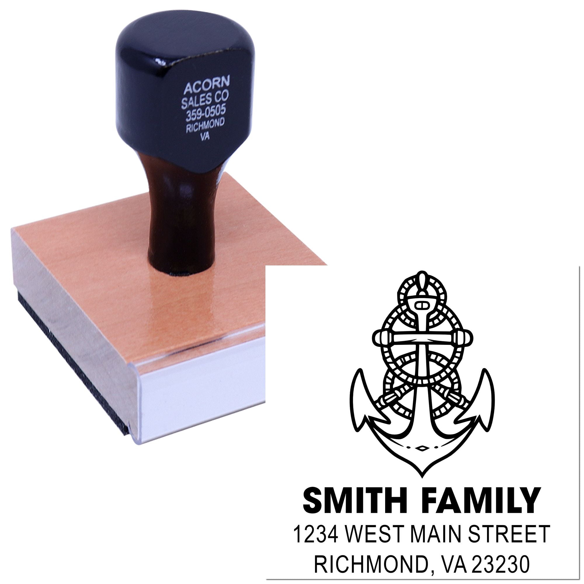 Custom anchor return address rubber stamp for Smith Family, 1234 West Main Street, Richmond, VA 23230