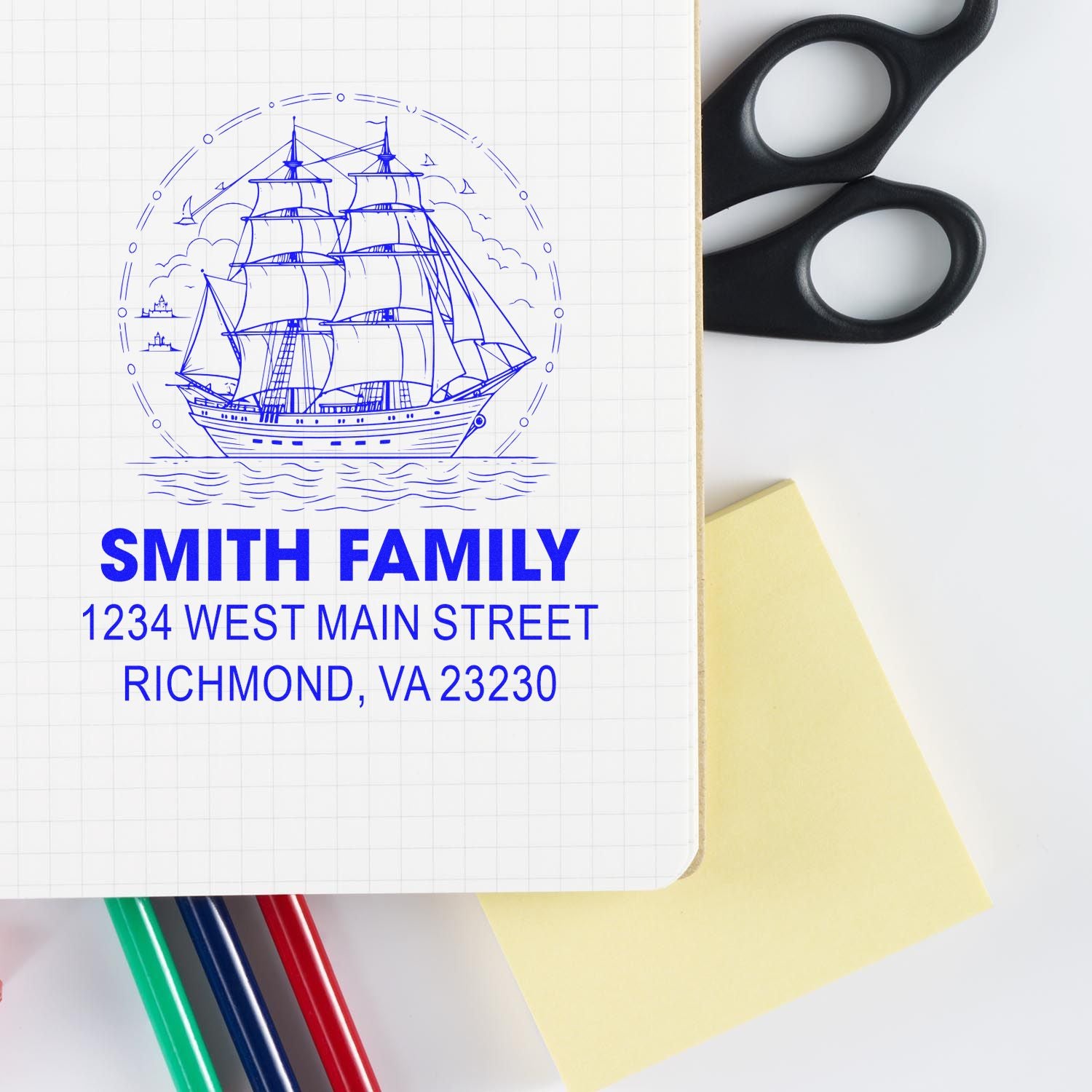 Custom rubber stamp with nautical ship logo, Smith Family name and address for personalized mailing and stationery.