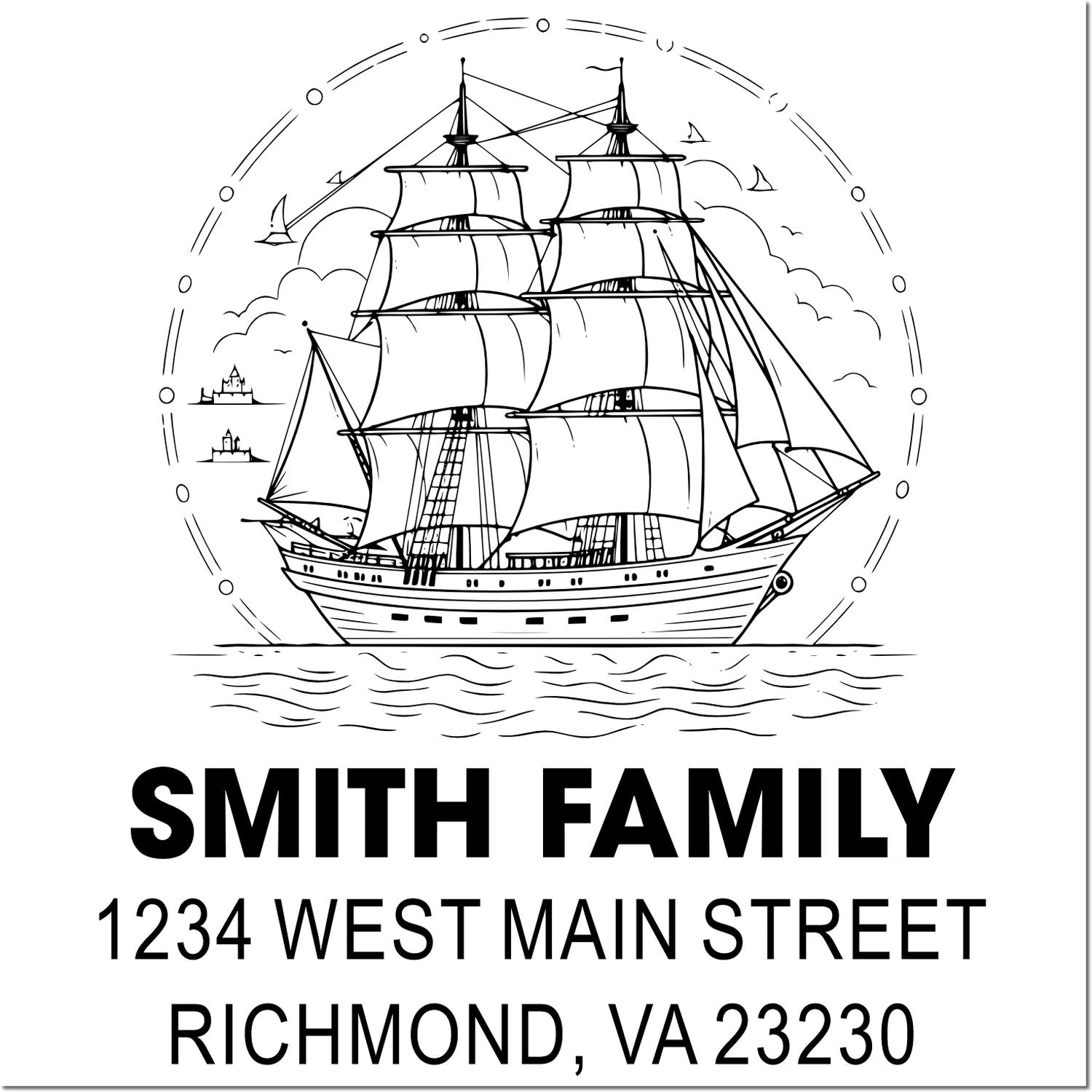Custom nautical family return address rubber stamp with sailing ship, Smith Family, Richmond, VA address.