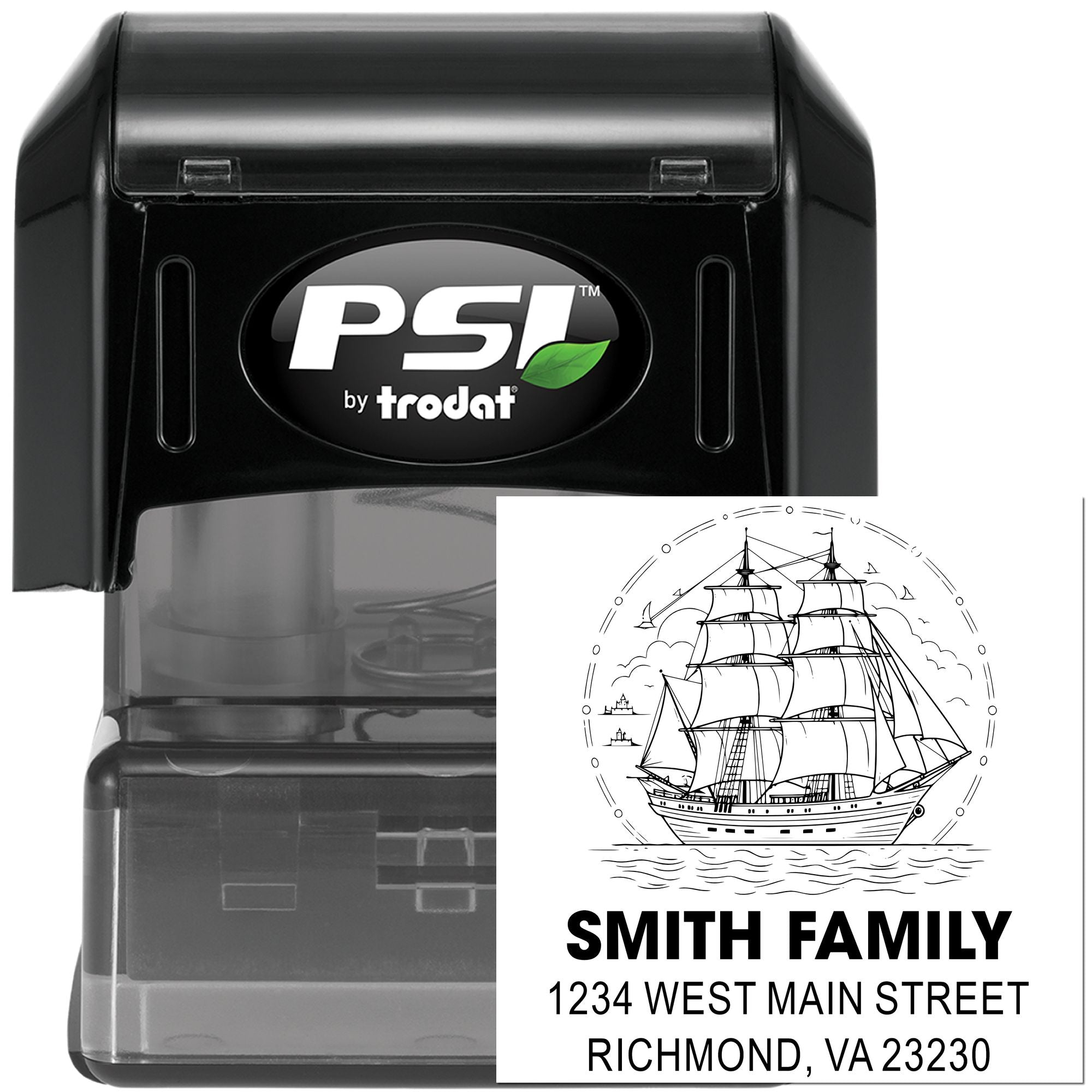PSI by Trodat custom rubber stamp with sailboat design, personalized return address stamp for Smith Family, Richmond VA.