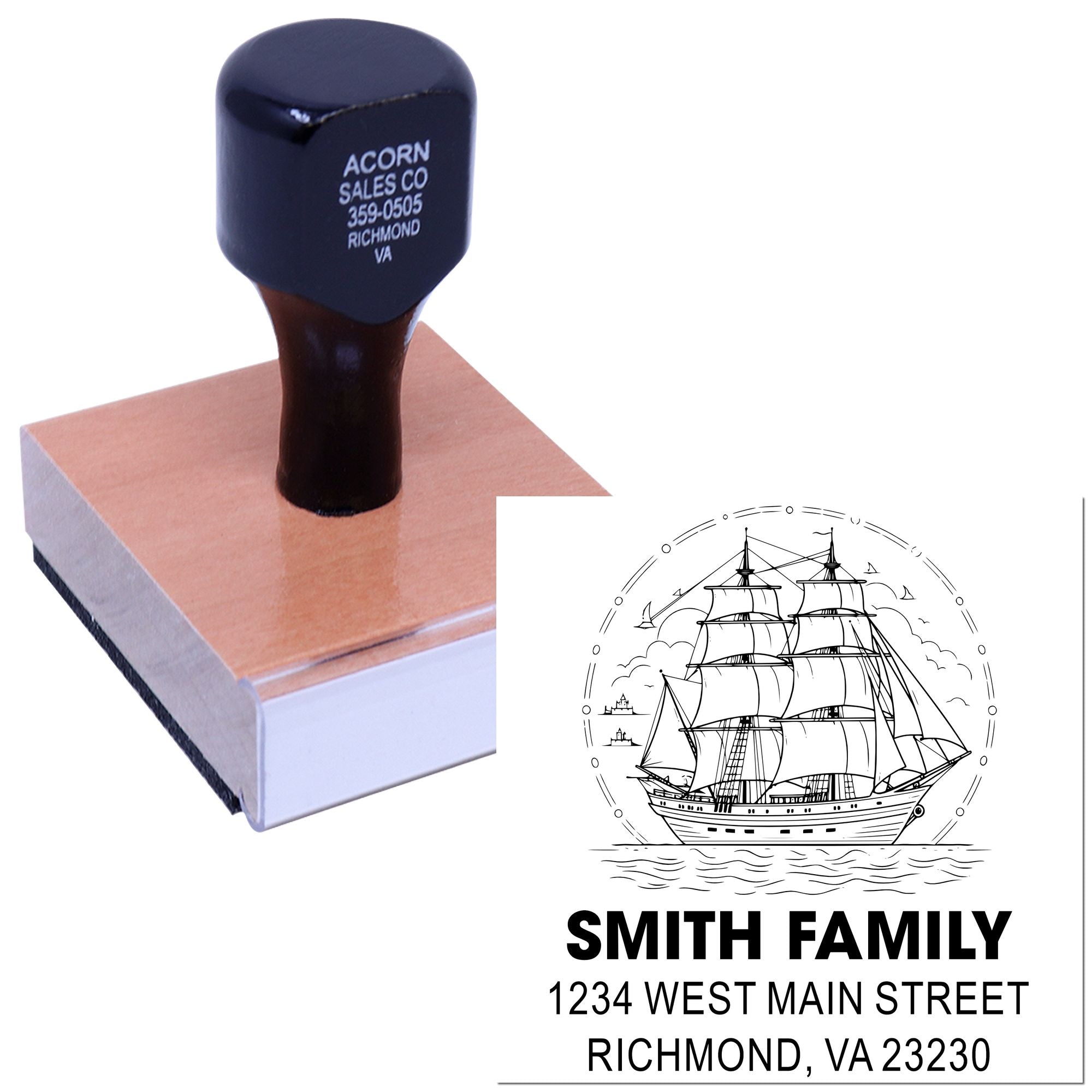 Custom rubber stamp with nautical ship artwork and family return address, ideal for personalized mailing and branding.