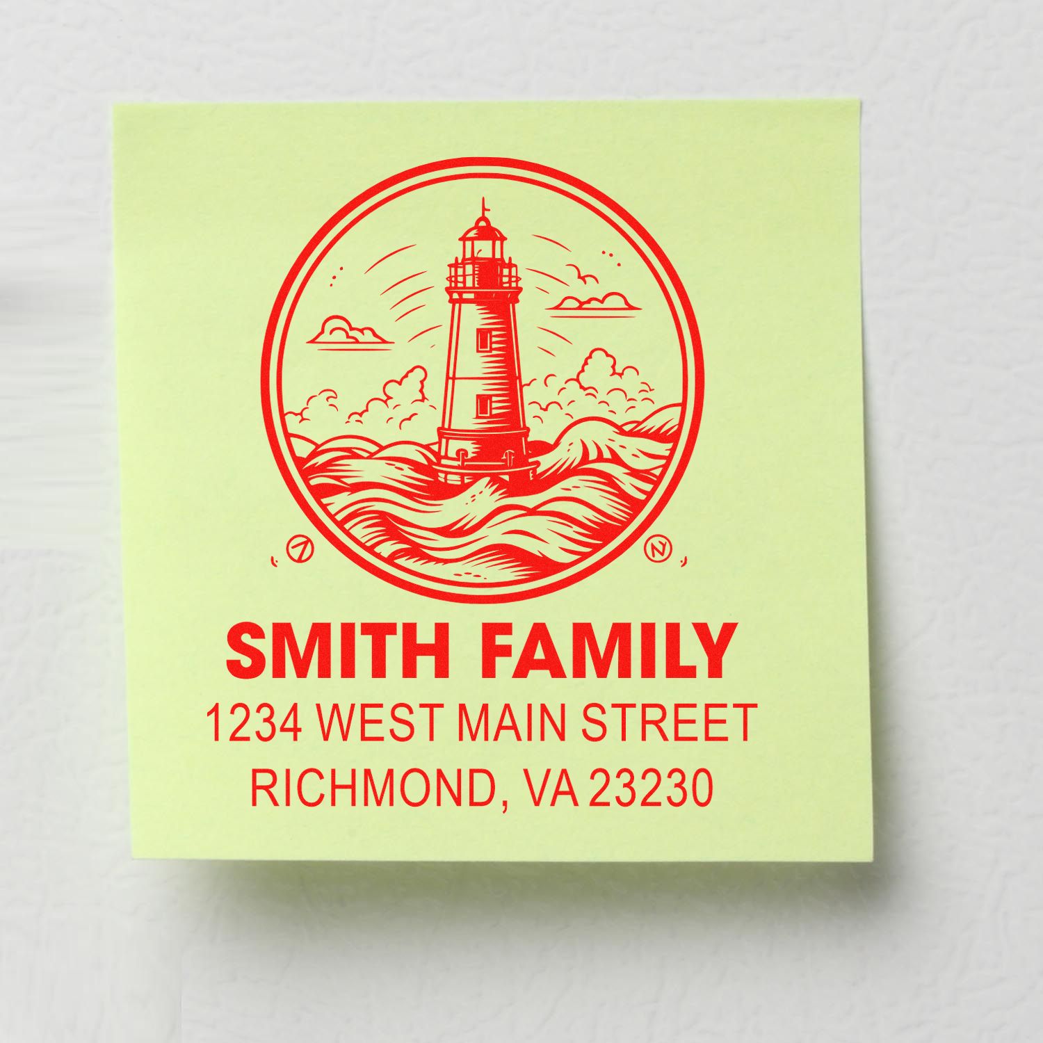 Custom family return address rubber stamp with lighthouse design for envelopes, featuring Smith Family, Richmond, VA.