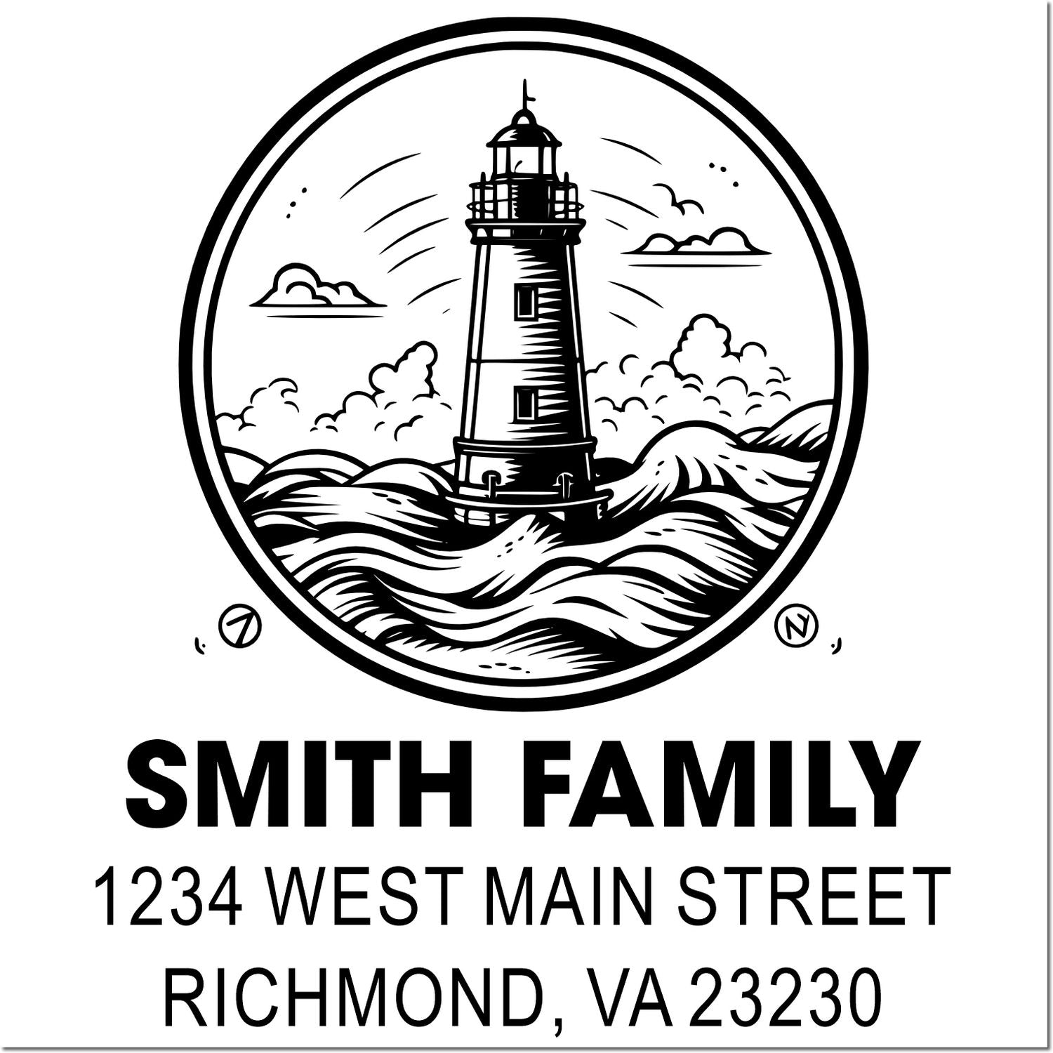 Custom lighthouse family address rubber stamp with name, street, and Richmond, VA 23230.