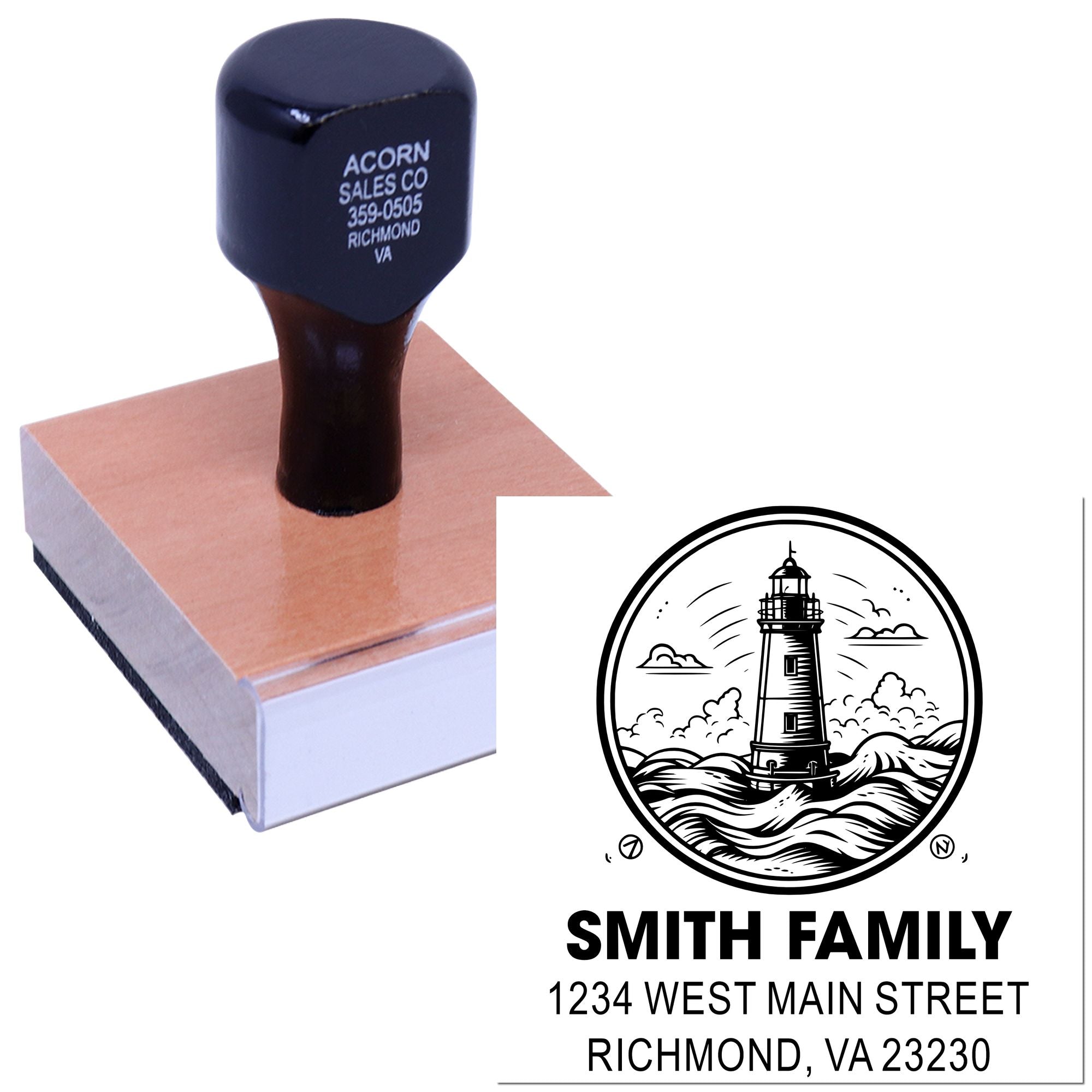 Self-inking custom rubber stamp with lighthouse logo and return address for Smith Family, Richmond, VA 23230