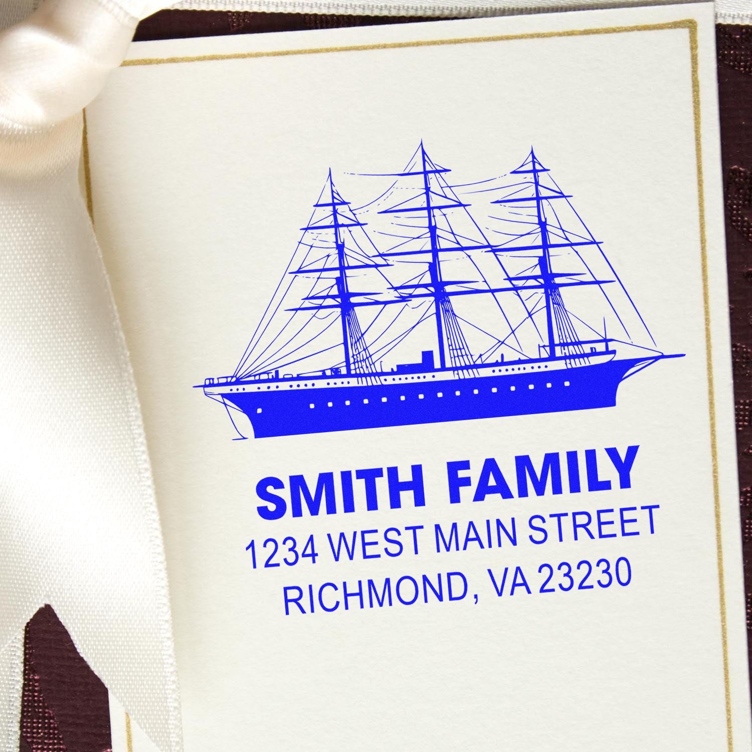 Personalized address rubber stamp with sailing ship logo for Smith Family in Richmond, VA.