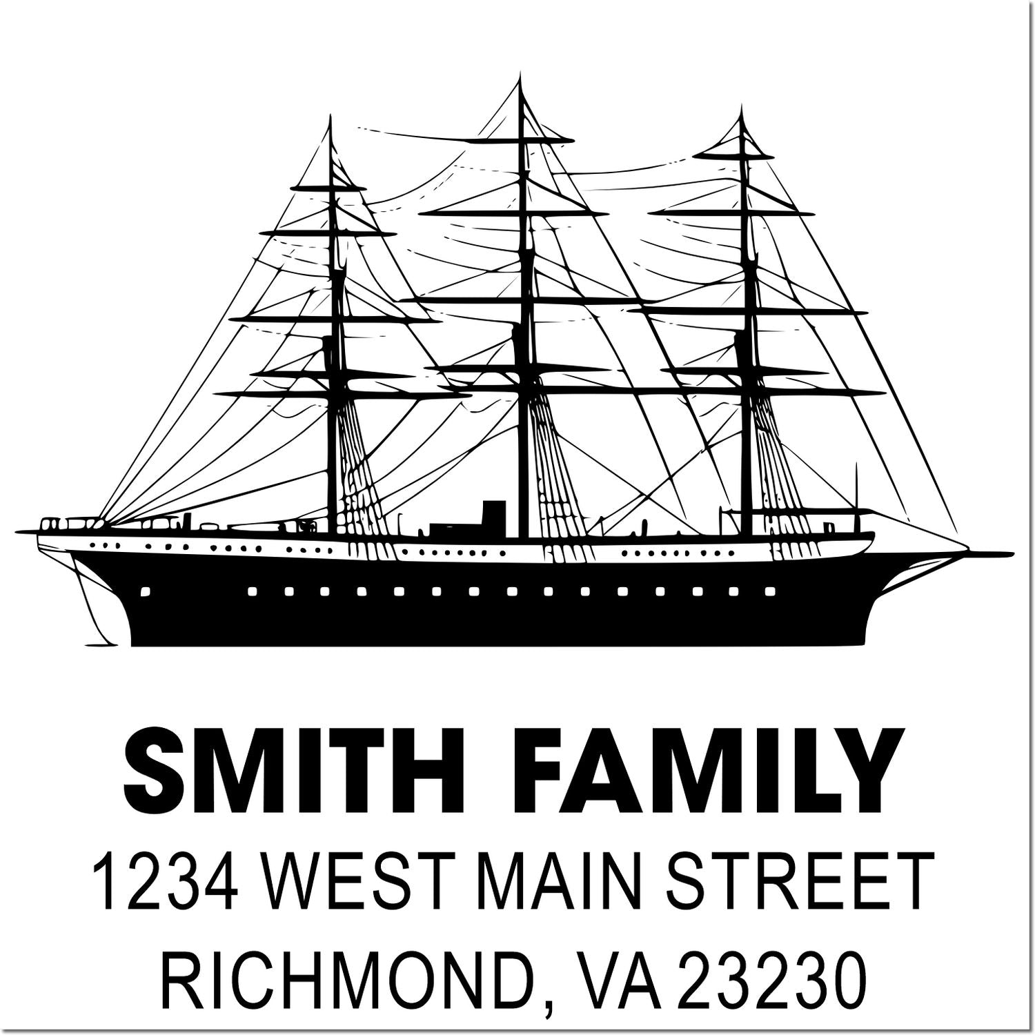 Custom return address rubber stamp with tall ship design for Smith Family, 1234 West Main Street, Richmond, VA 23230.