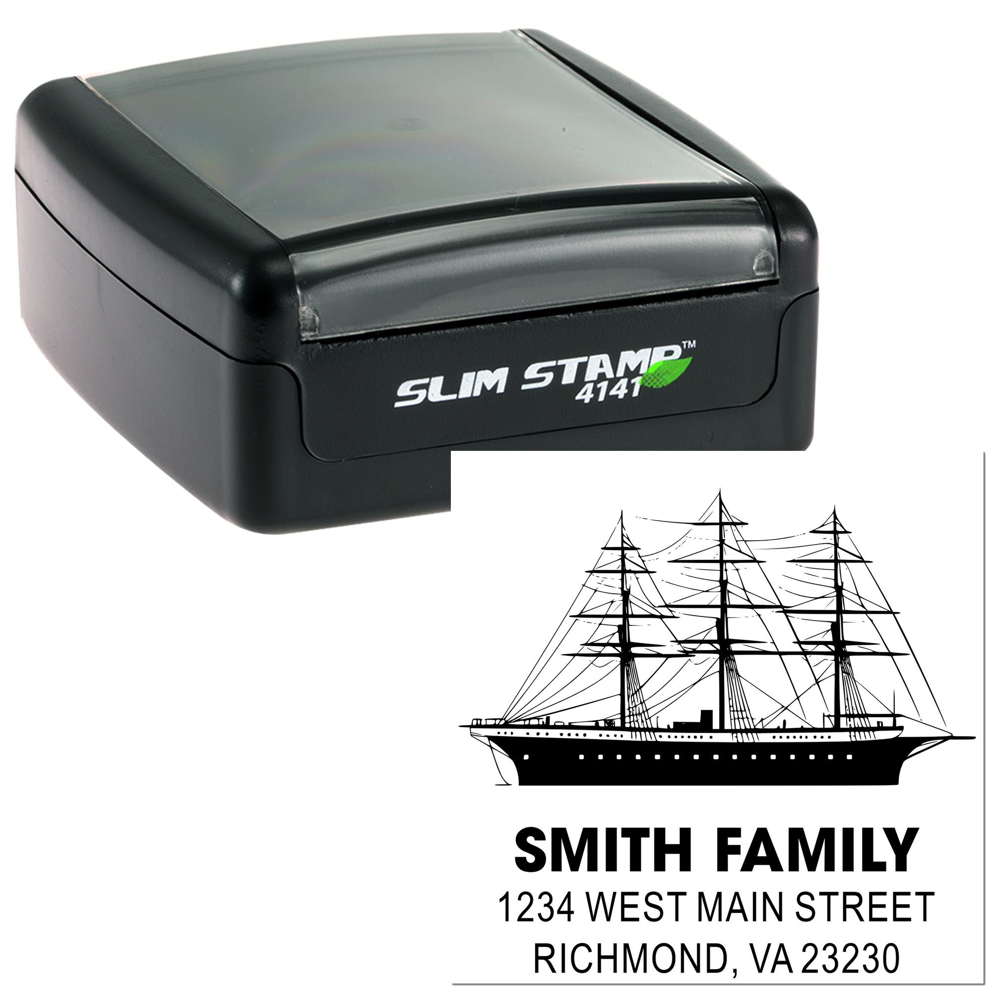 Custom self-inking rubber address stamp with sailing ship design for Smith Family, Richmond VA return mail.