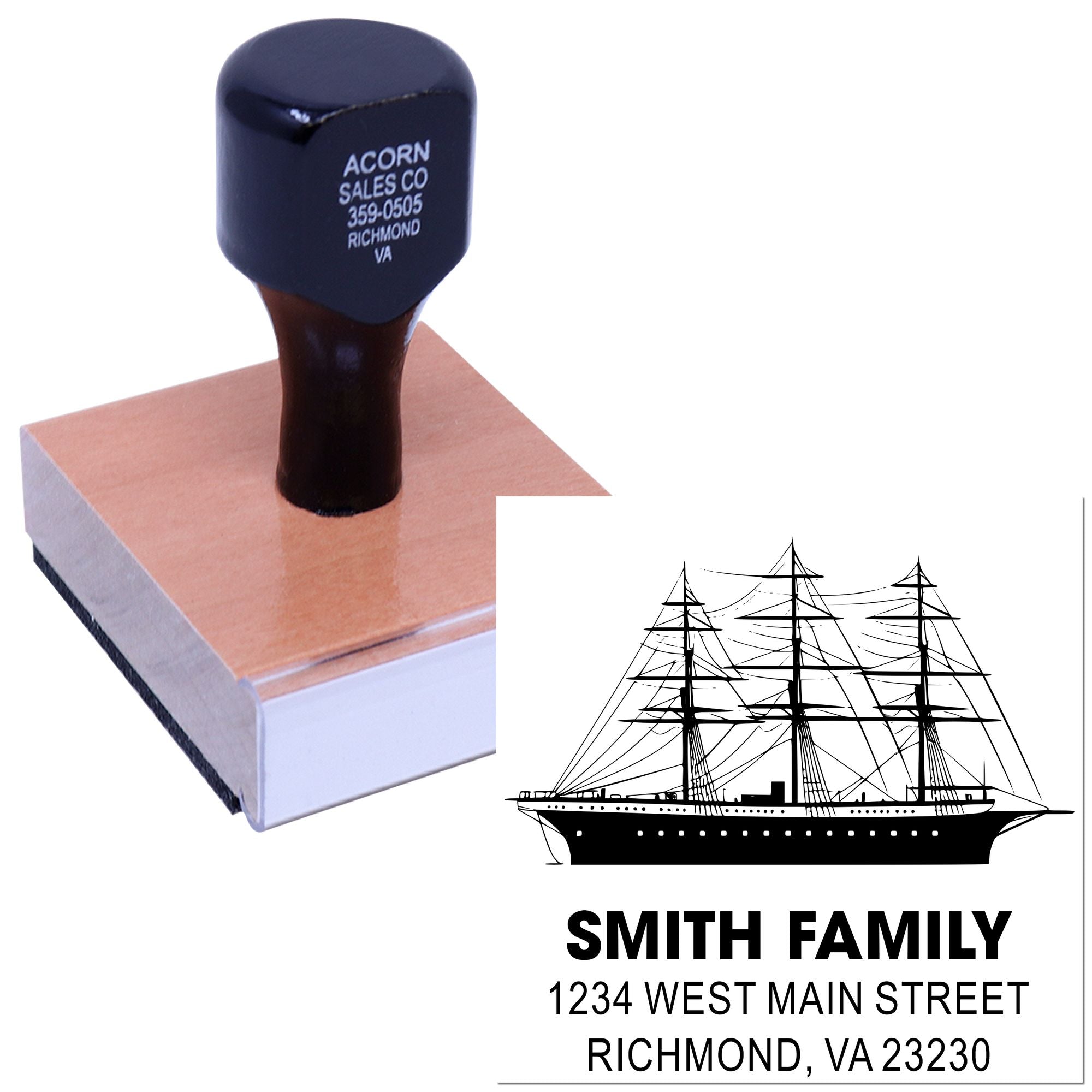 Custom rubber stamp with sailboat logo and Smith Family address for personalized return address or business stamping.